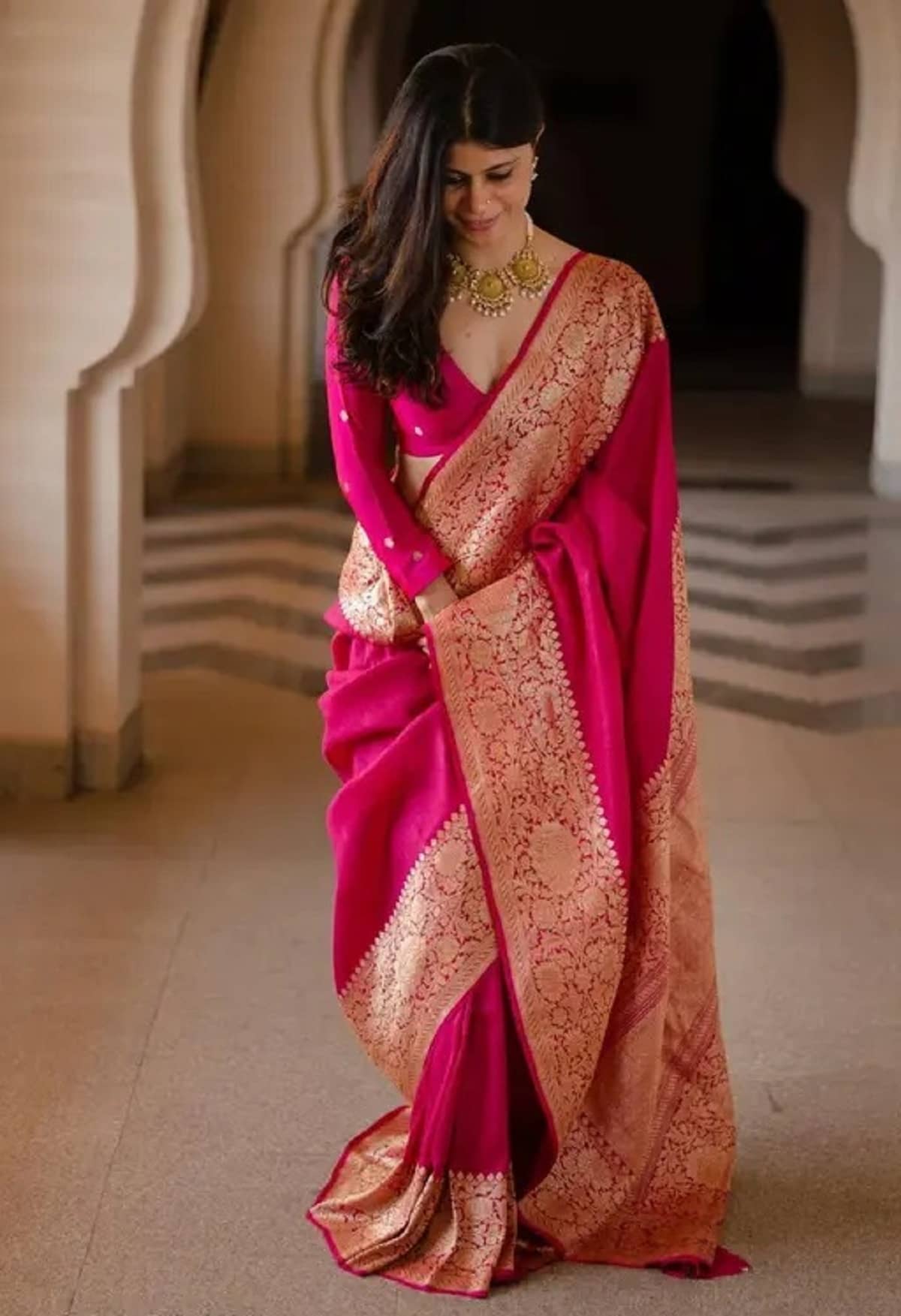 Gazal Fashions Banarasi Silk Embellished Saree With Unstitched Blouse Piece ( Pink ) - Sarees | Buy online on ZillyBuy