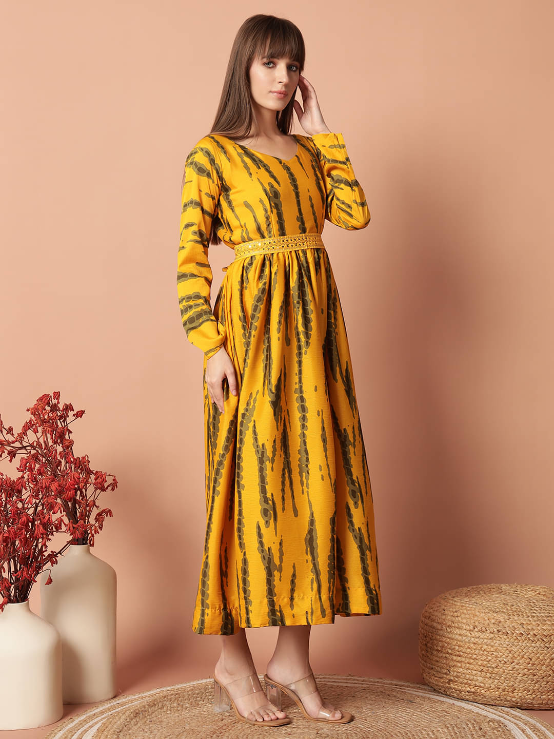 JASH CREATION Women Cotton Blend Printed Fit & Flare Dress ( Yellow )     			JASH CREATION Women Cotton Blend Printed Fit & Flare Dress ( Yellow )
