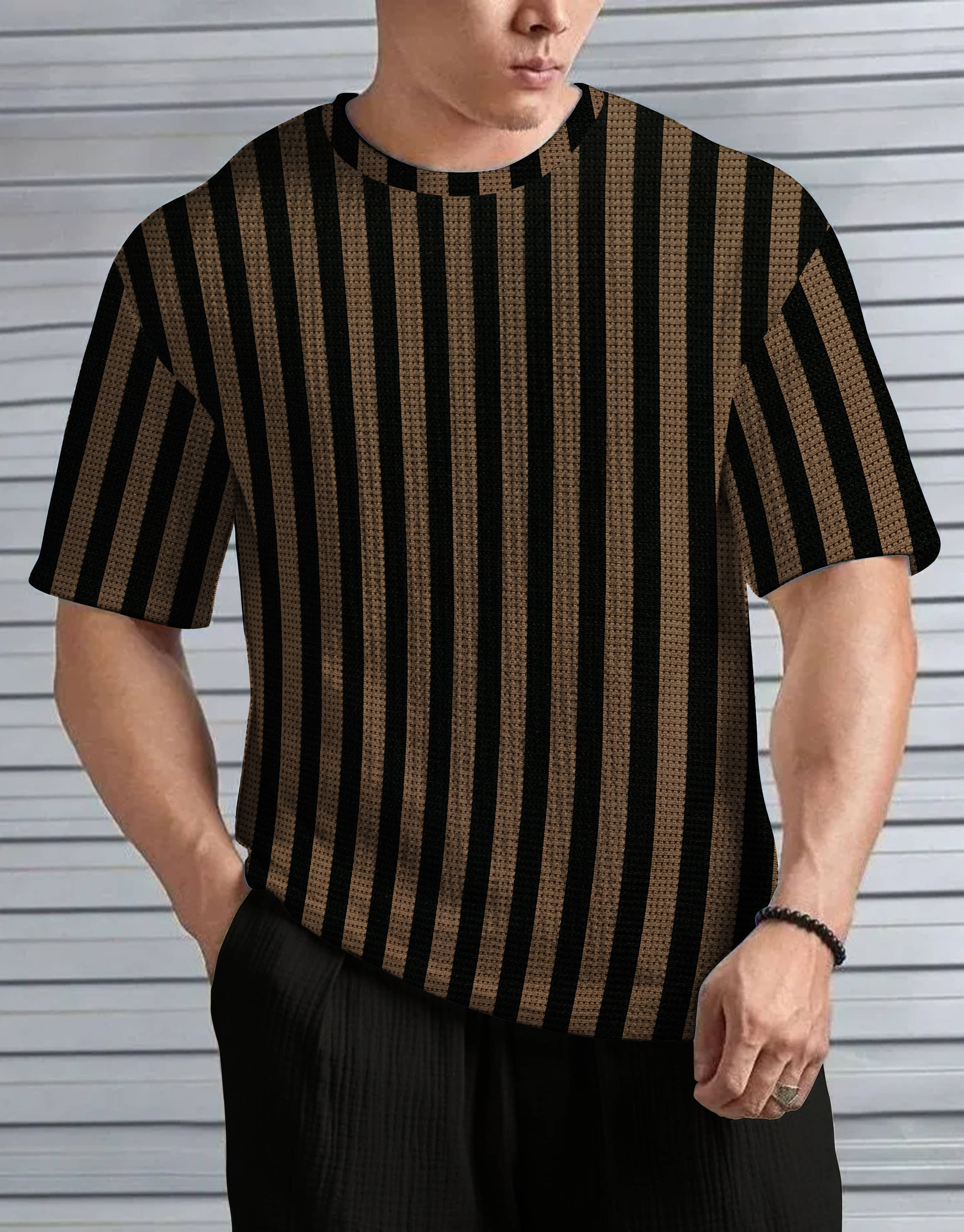 KAJARU Men Polyester Regular Fit Striped T-Shirt ( Brown )