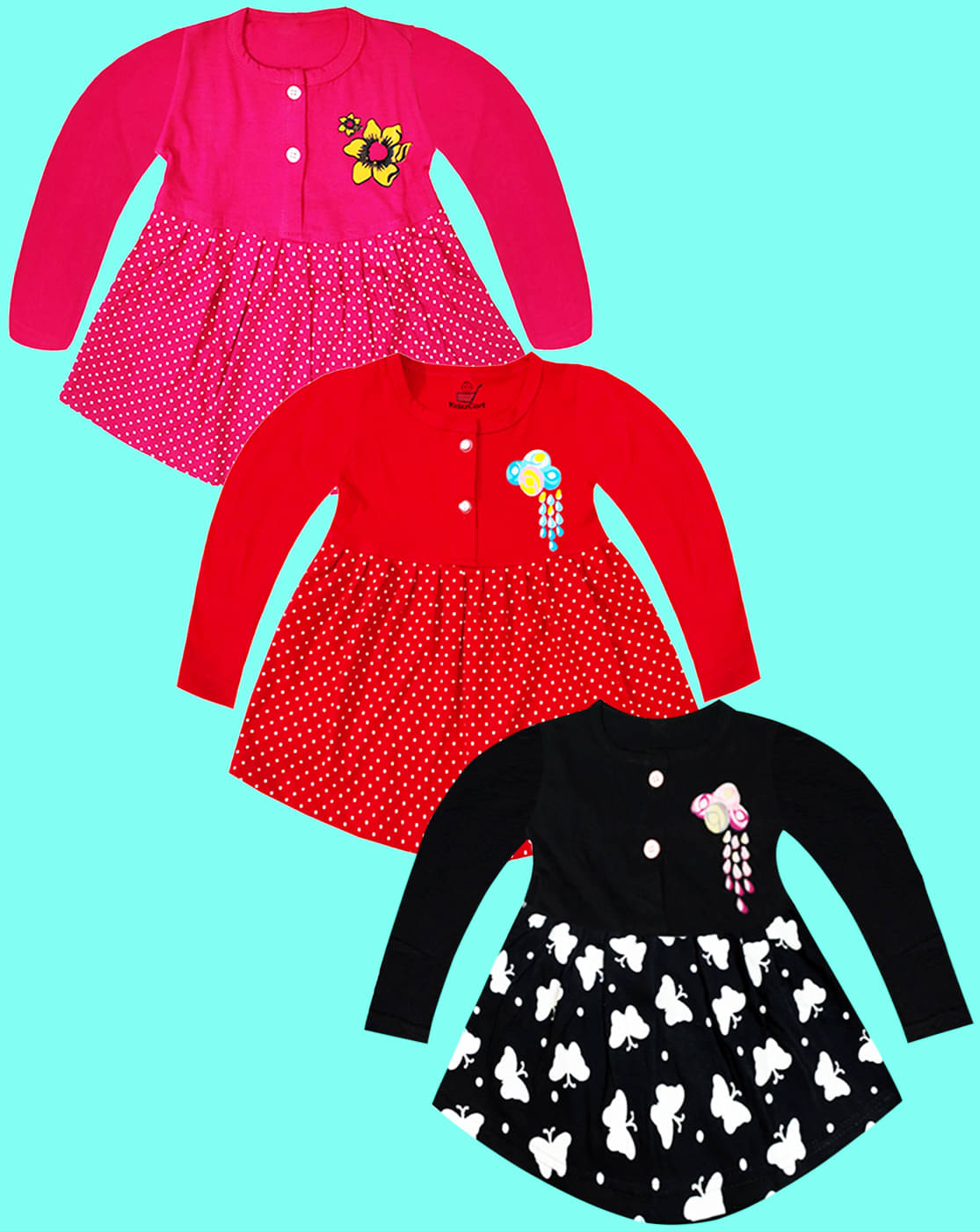     			KidzzCart Pack of 3 Baby Girls Cotton Dress ( Multicolor 1 )
