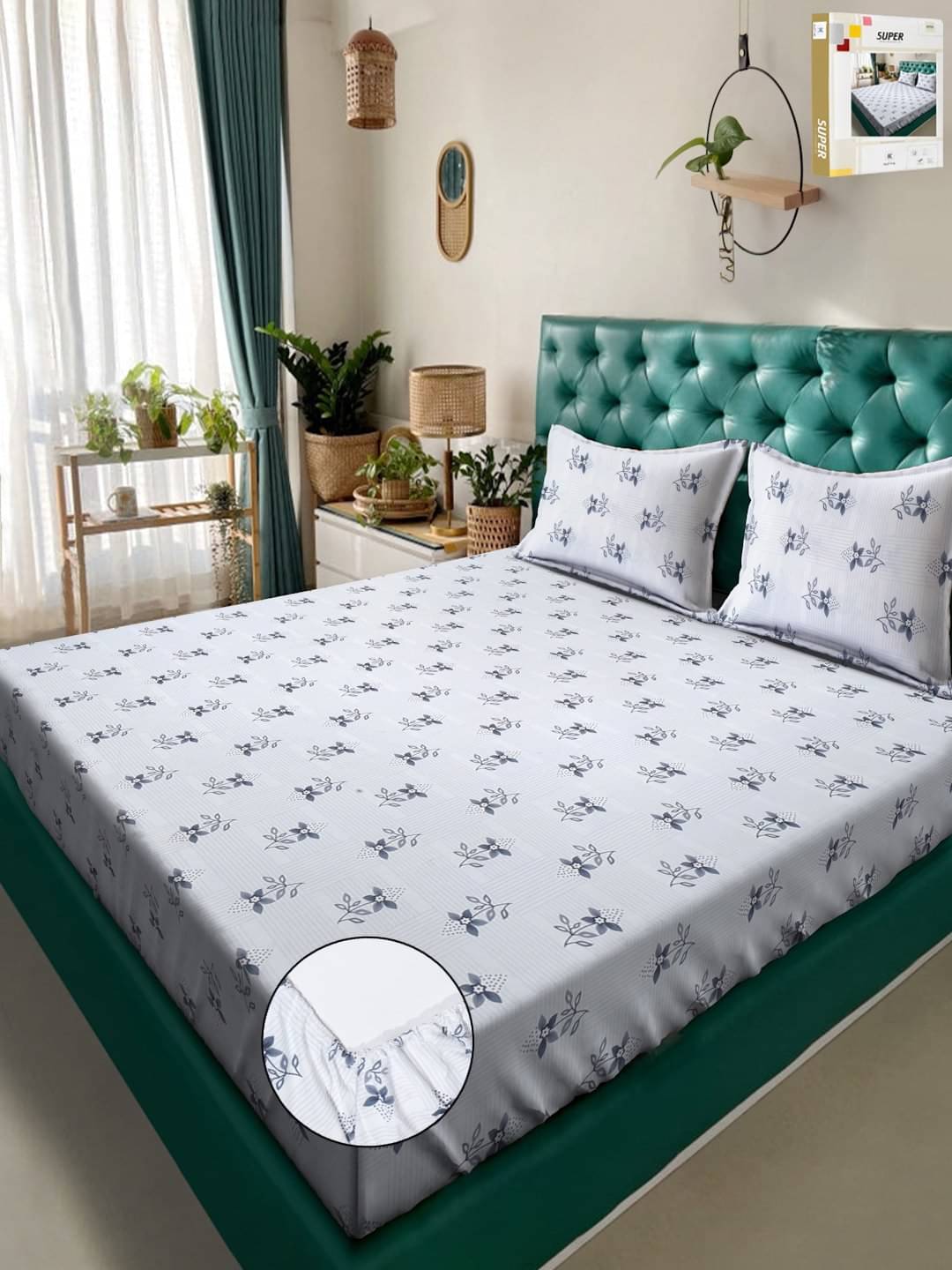 Klotthe Poly Cotton Floral Fitted ( Double Bed ) - White Klotthe Poly Cotton Floral Fitted ( Double Bed ) - White