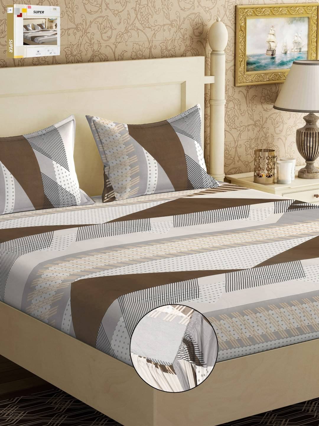     			Klotthe Poly Cotton Geometric Fitted ( Double Bed ) - Multi