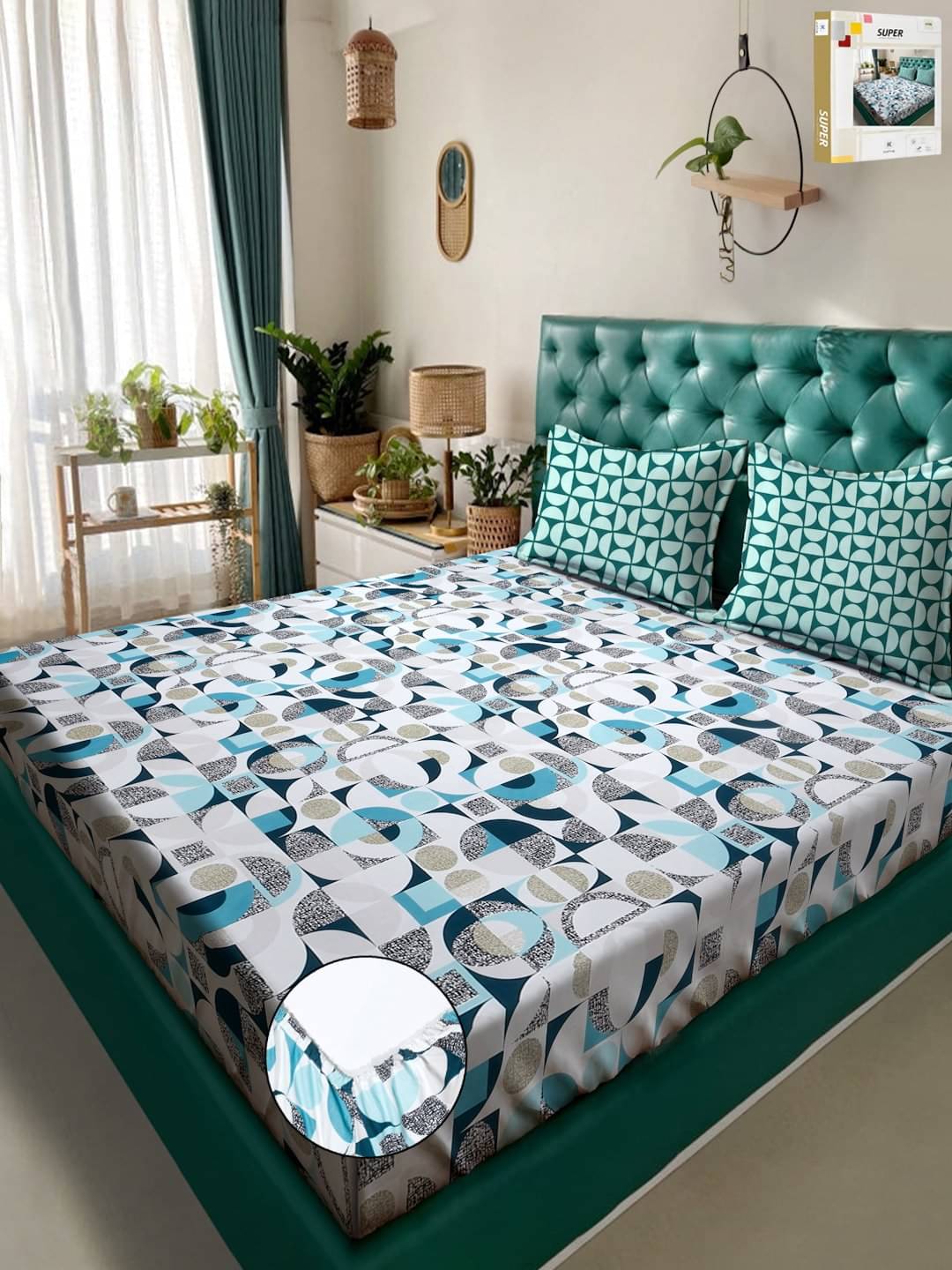 Klotthe Poly Cotton Geometric Fitted ( Double Bed ) - White Klotthe Poly Cotton Geometric Fitted ( Double Bed ) - White