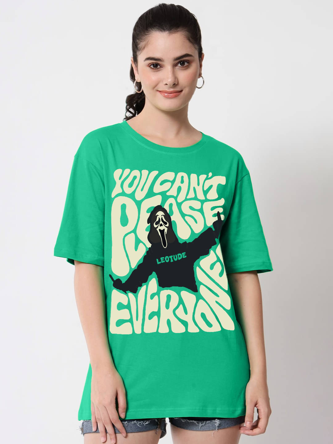     			Leotude Women Cotton Blend Printed Oversized Fit Round Neck T-Shirt ( Green )
