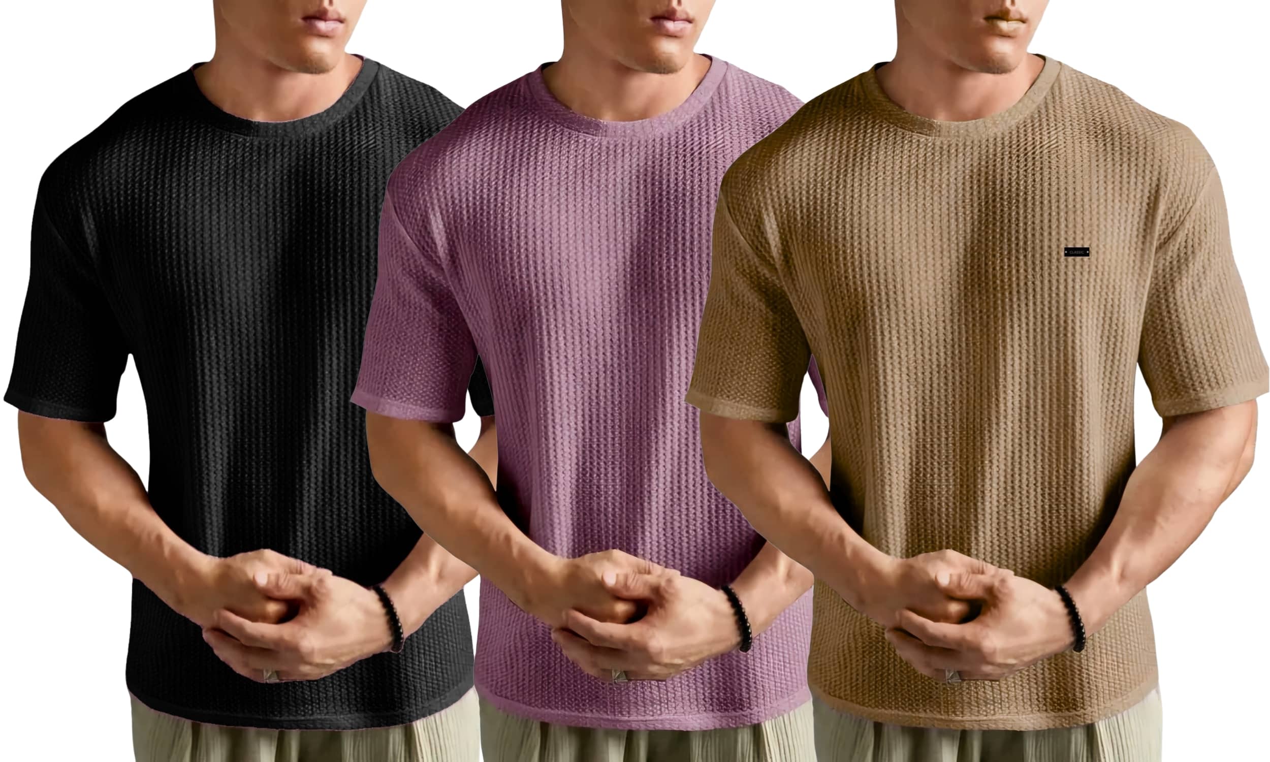 Looks United Cotton Blend Regular Fit Self Design Half Sleeves Men's Round T-Shirt - Multicolor3 ( Pack of 3 )