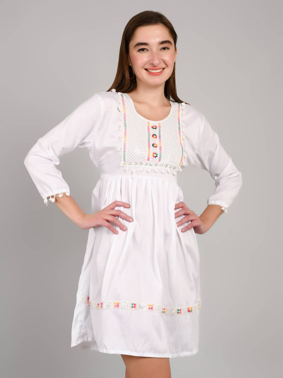     			MAYKR Women Cotton Embellished Fit & Flare Dress ( White )