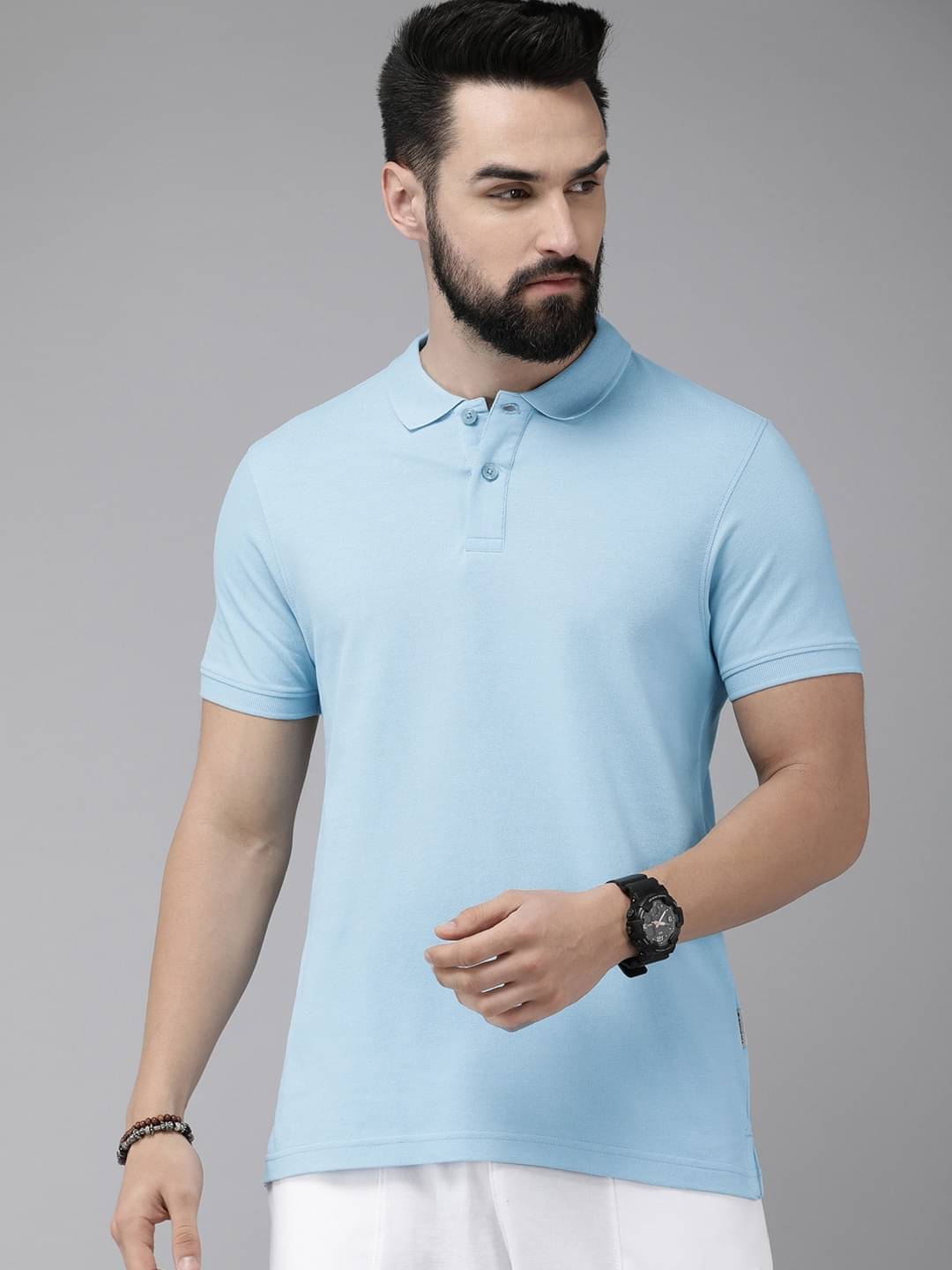 Nios Fashion Pack of 1 Cotton Blend Regular Fit Solid Half Sleeves Men's Polo T Shirt ( Sky Blue )     			Nios Fashion Pack of 1 Cotton Blend Regular Fit Solid Half Sleeves Men's Polo T Shirt ( Sky Blue )