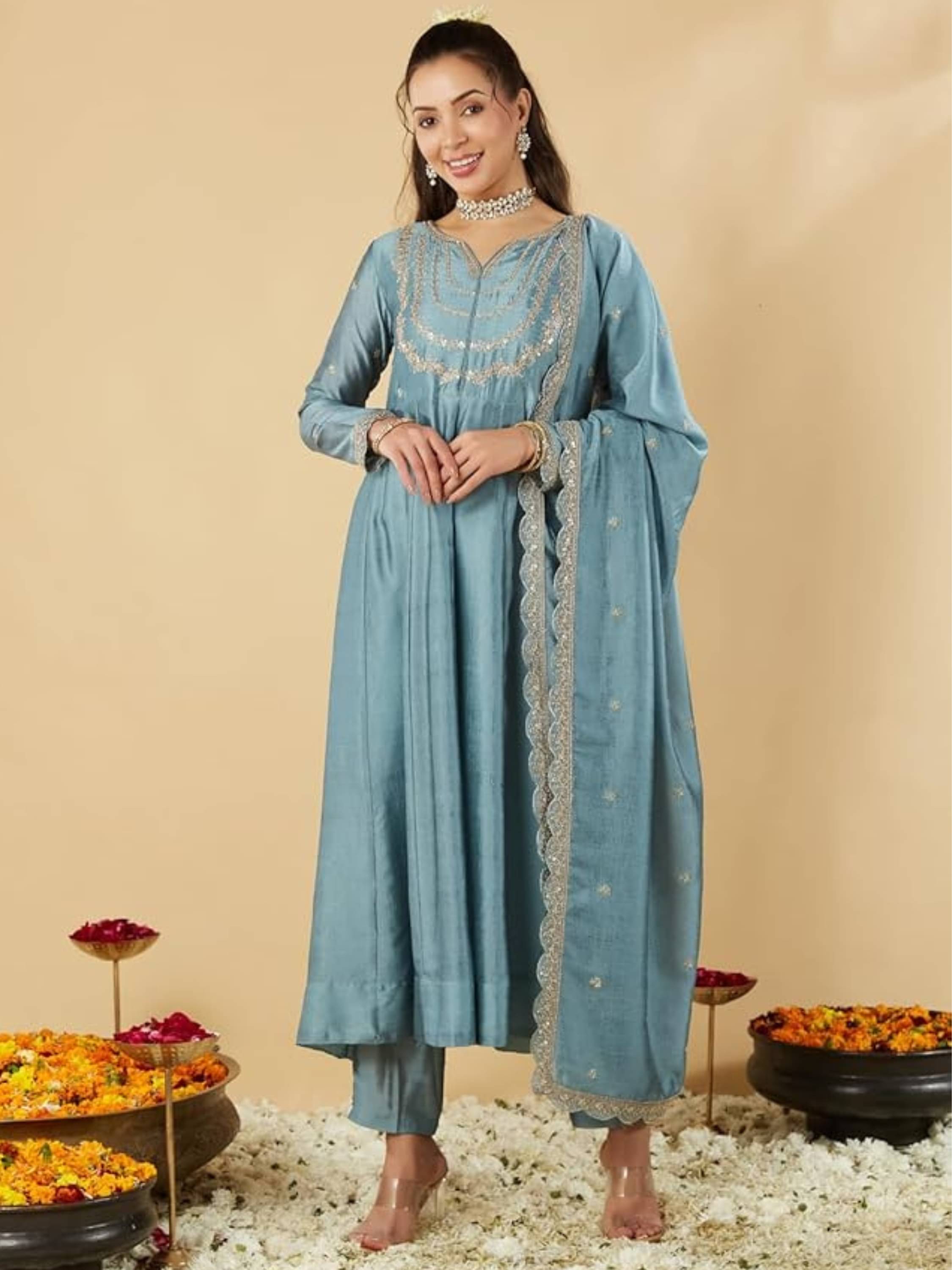 Niza Fashion Silk Embroidered Kurti With Pants Women's Stitched Salwar Suit - Turquoise ( Pack of 1 ) Niza Fashion Silk Embroidered Kurti With Pants Women's Stitched Salwar Suit - Turquoise ( Pack of 1 )