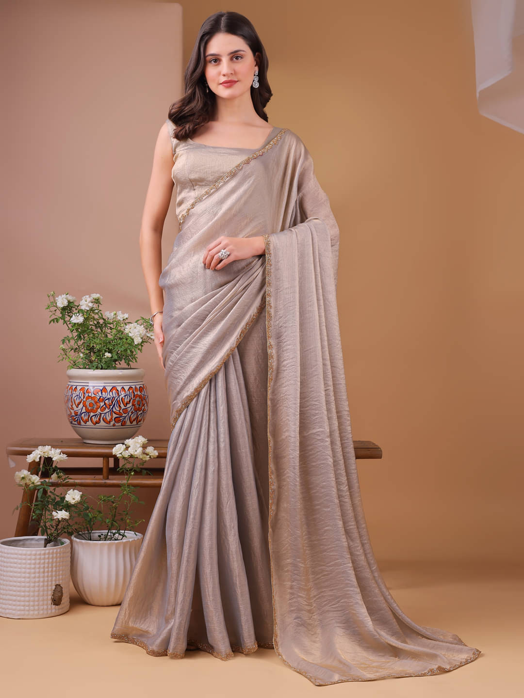 OMICRON FAB Organza Solid Saree With Unstitched Blouse Piece ( Beige )     			OMICRON FAB Organza Solid Saree With Unstitched Blouse Piece ( Beige )