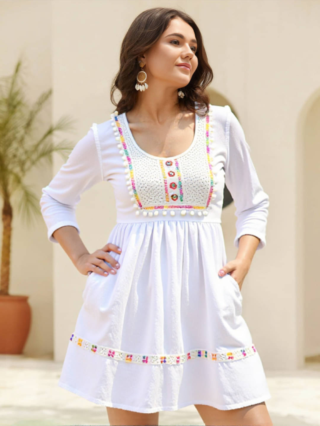     			PLUS PARADISE Women Cotton Embellished Fit & Flare Dress ( White )