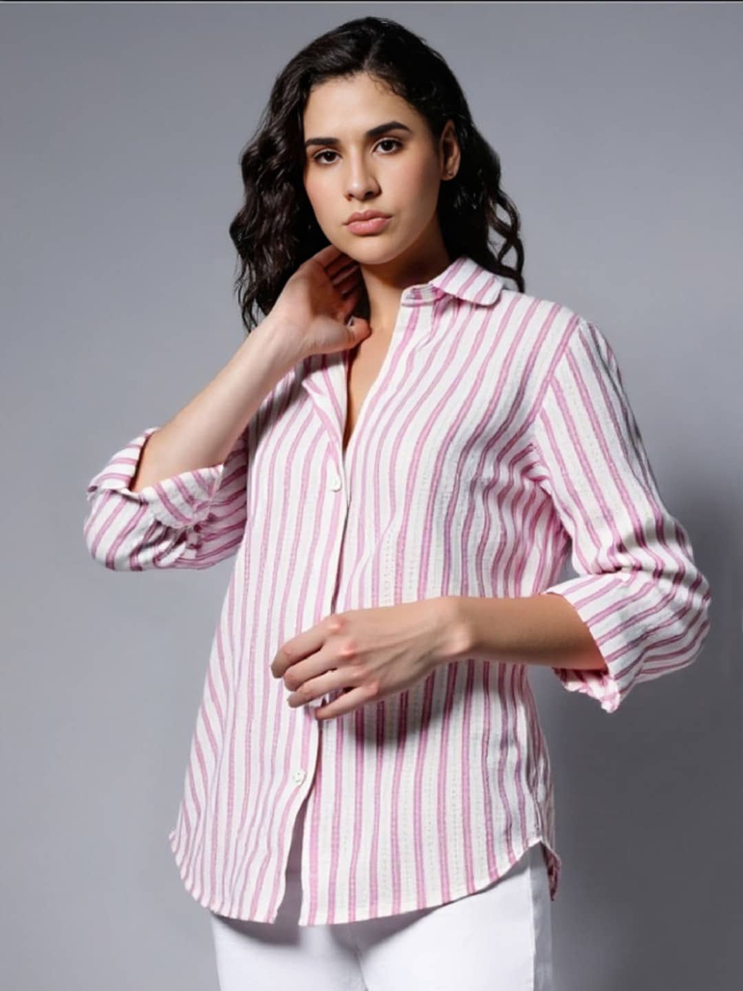 PLUS PARADISE Women Colorblock Cotton Shirt ( Pink )