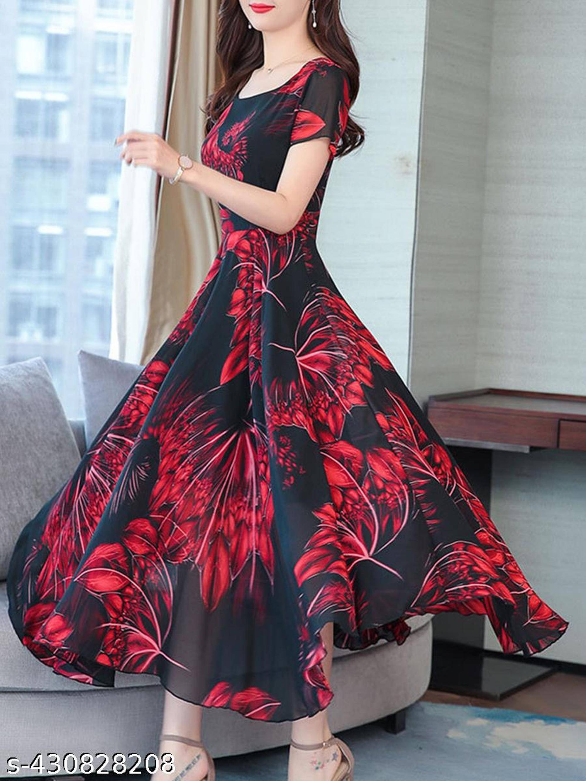 RC NEOEN Women Georgette Printed Fit & Flare Dress ( Red ) RC NEOEN Women Georgette Printed Fit & Flare Dress ( Red )