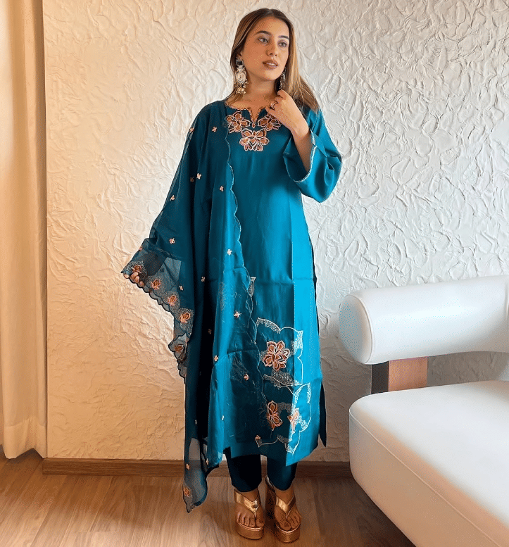     			STAVROZ FASHION Cotton Embroidered Kurti With Pants Women's Stitched Salwar Suit - Blue ( Pack of 1 )