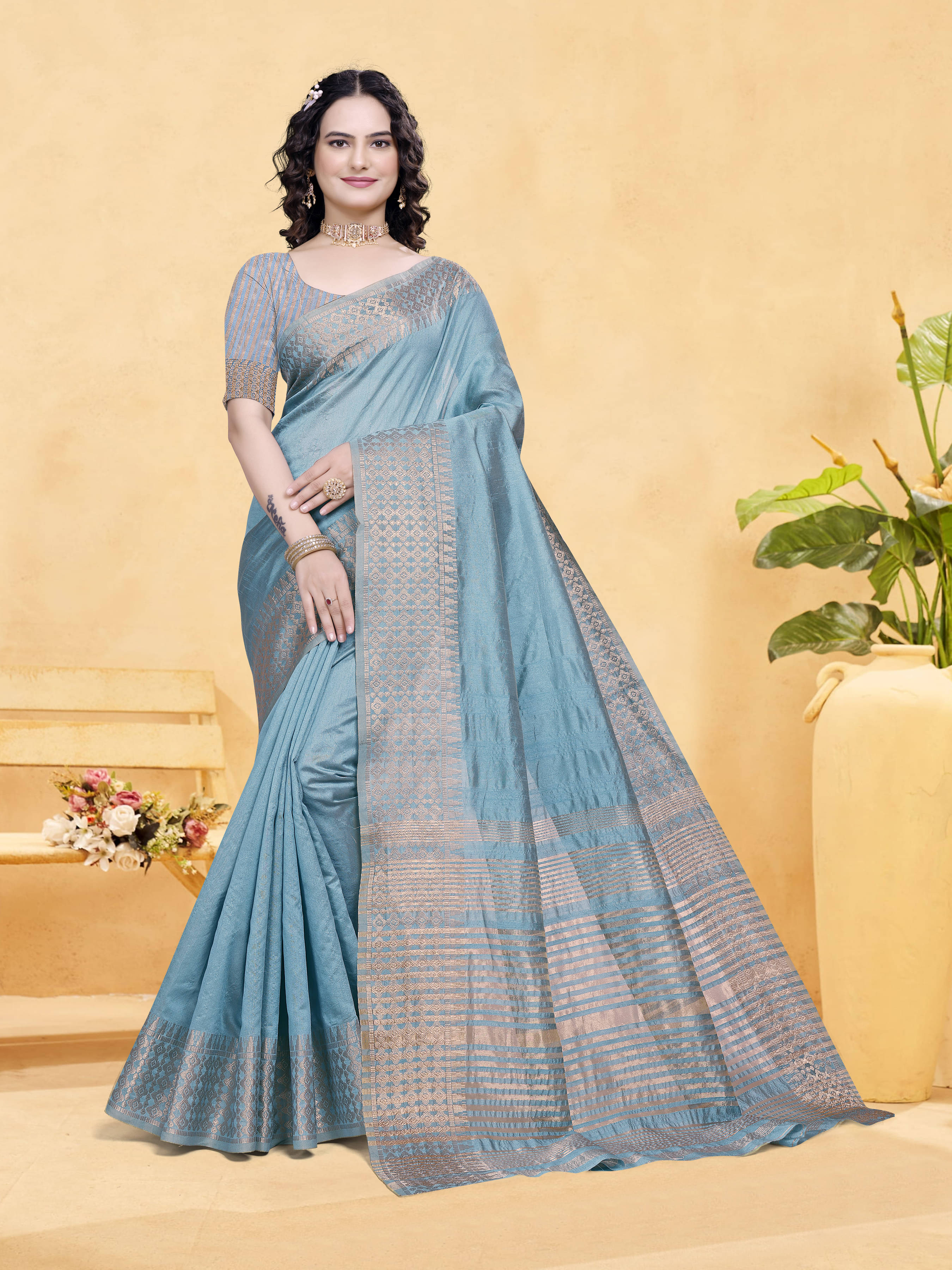 Sidhidata Cotton Blend Embellished Saree With Unstitched Blouse Piece ( LightBLue ) Sidhidata Cotton Blend Embellished Saree With Unstitched Blouse Piece ( LightBLue )