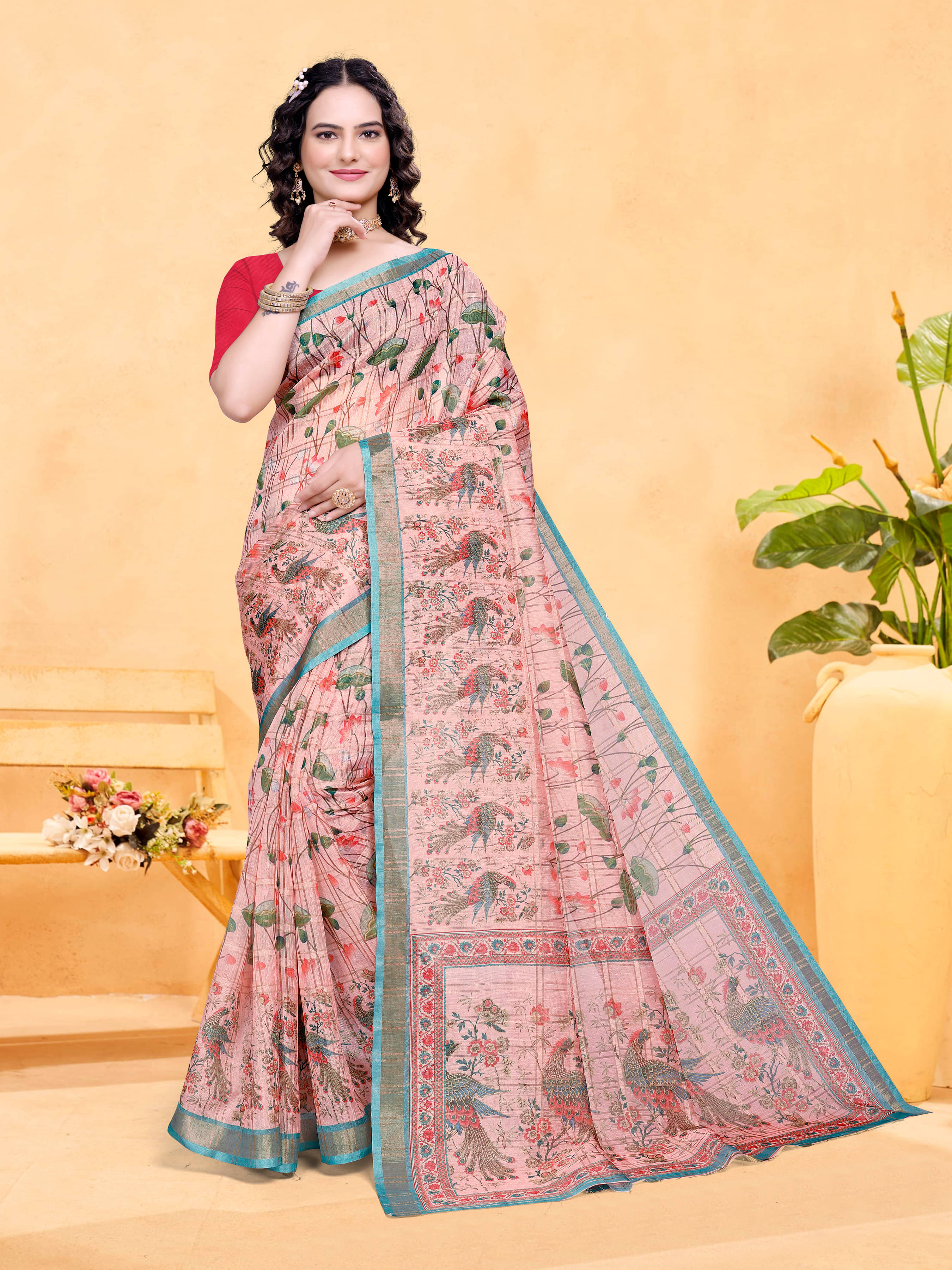     			Sidhidata Cotton Blend Printed Saree With Unstitched Blouse Piece ( Blue )
