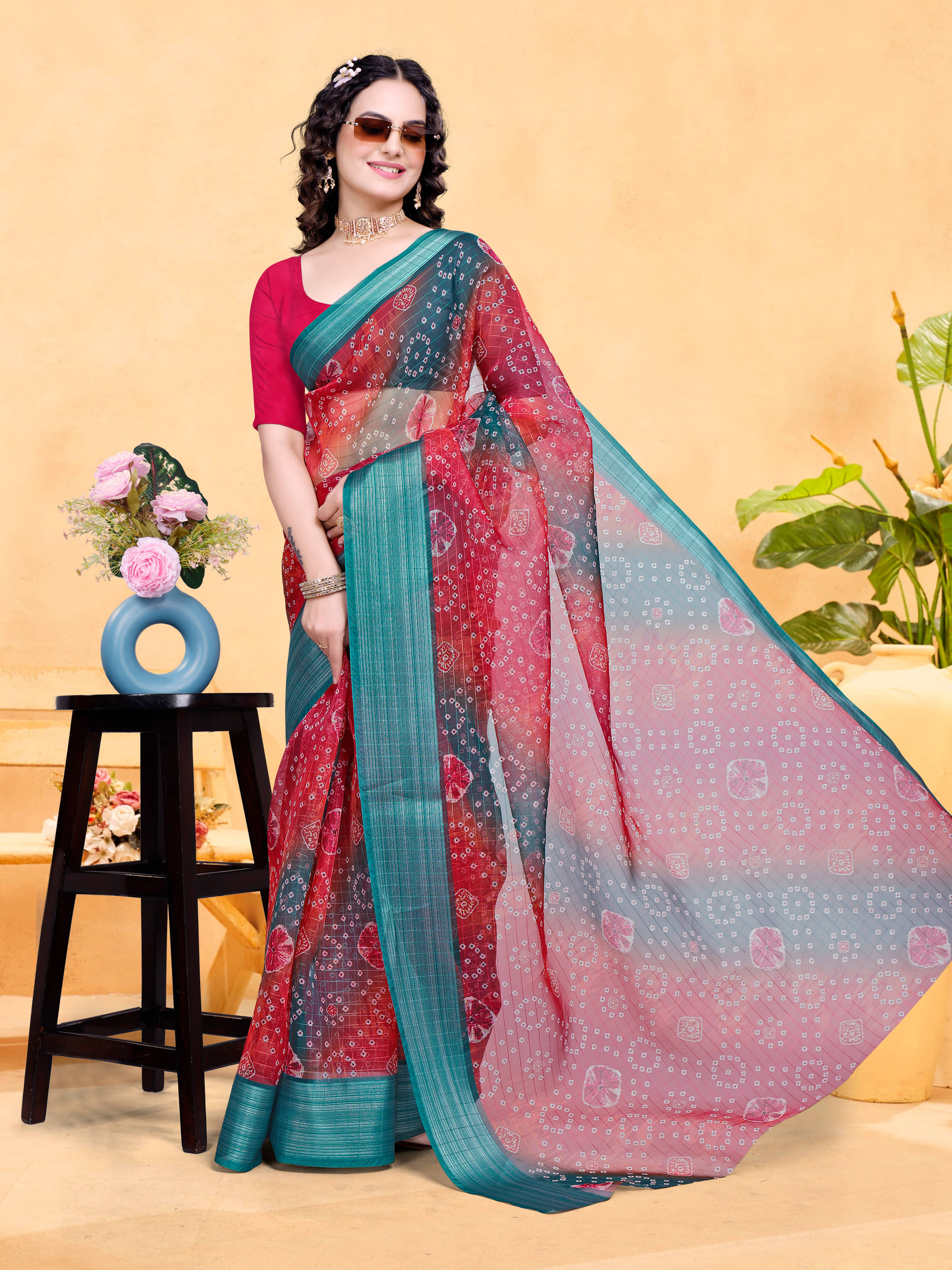     			Sidhidata Organza Printed Saree With Unstitched Blouse Piece ( Rani )