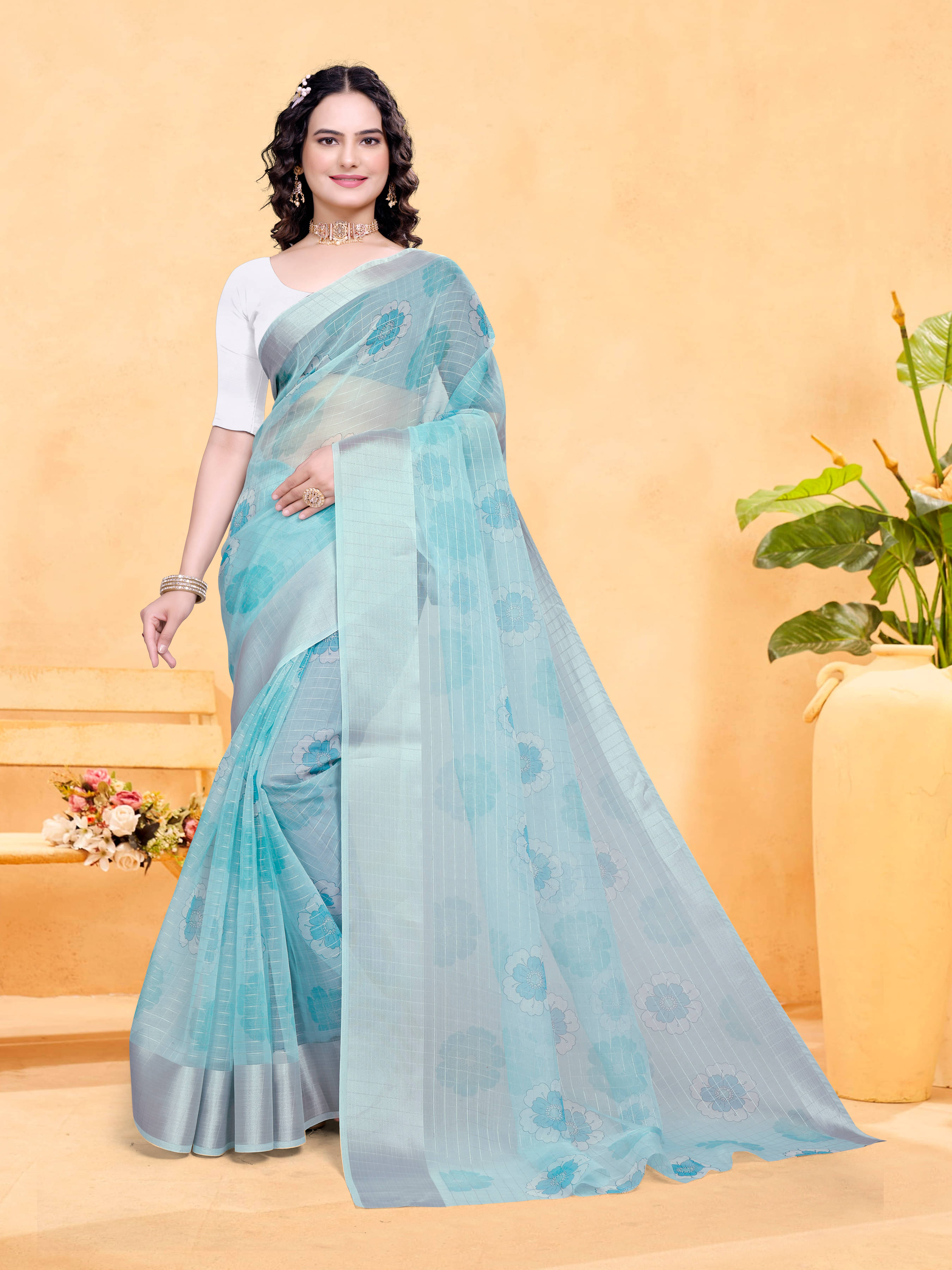     			Sidhidata Organza Printed Saree With Unstitched Blouse Piece ( LightBLue )
