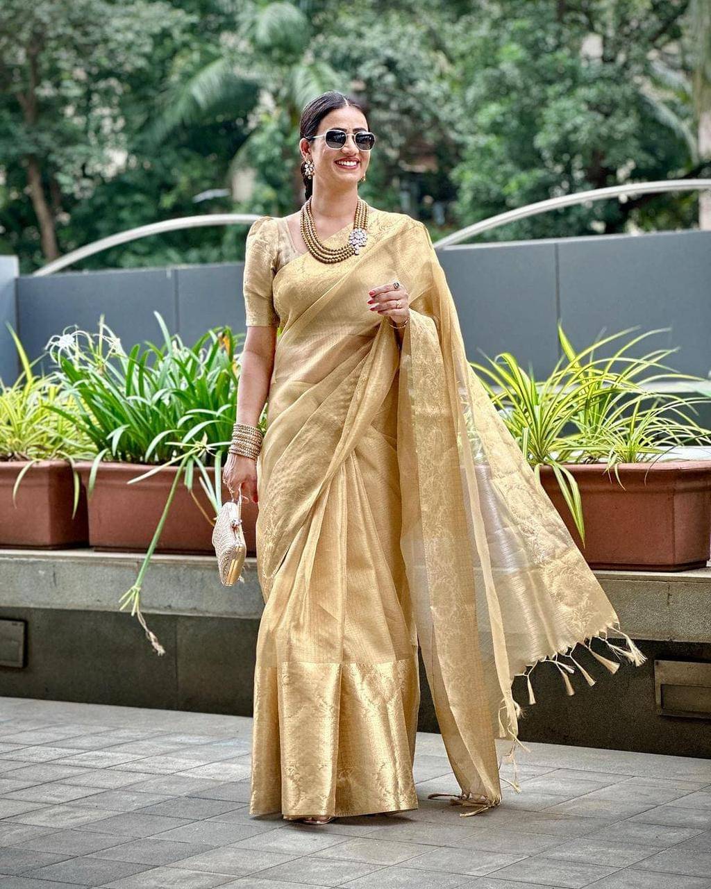 Sidhidata Tissue Embellished Saree With Unstitched Blouse Piece ( Gold ) Sidhidata Tissue Embellished Saree With Unstitched Blouse Piece ( Gold )
