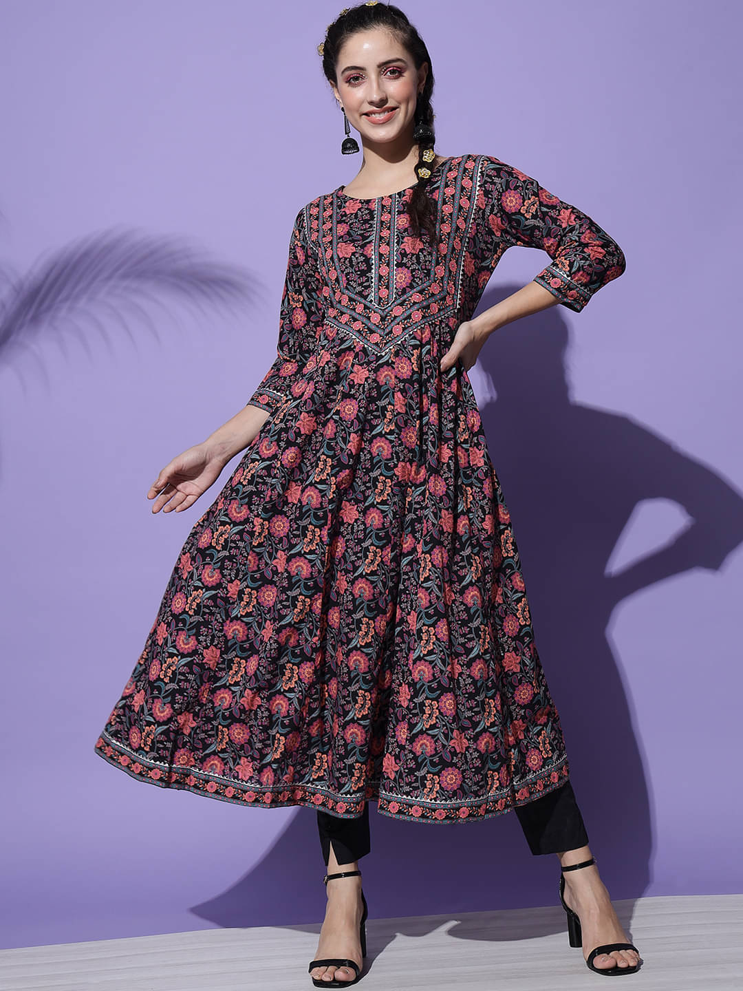 Sitaram Designer Pack of 1 Cotton Printed Anarkali Women's Kurti - ( Black ) Sitaram Designer Pack of 1 Cotton Printed Anarkali Women's Kurti - ( Black )