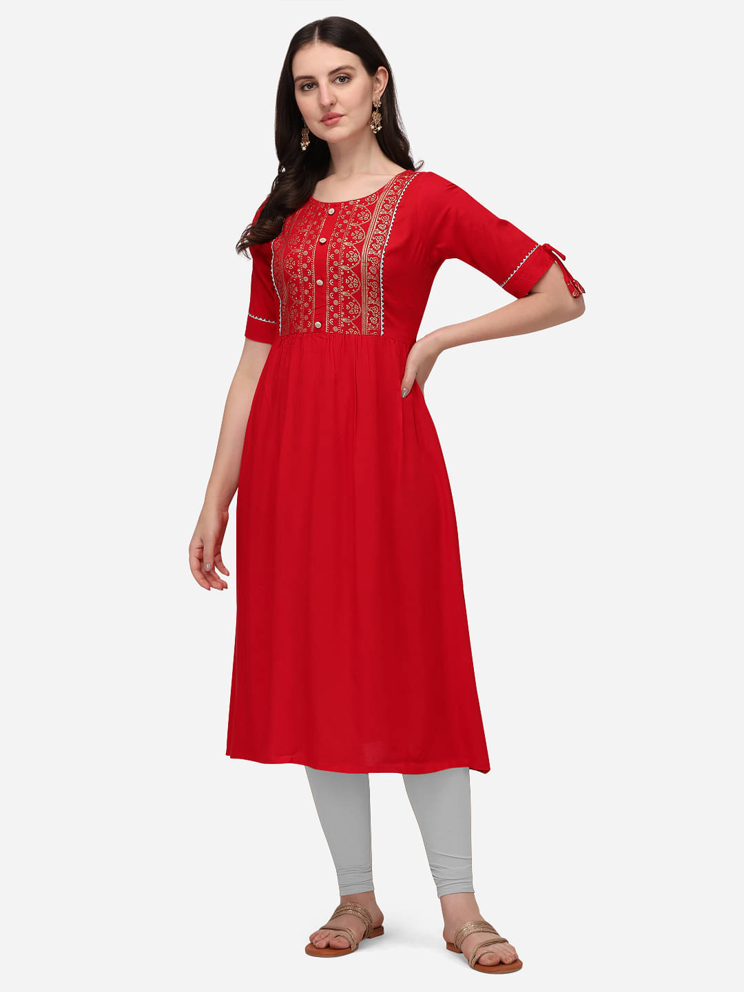 Sitaram Designer Pack of 1 Rayon Printed Flared Women's Kurti - ( Red ) Sitaram Designer Pack of 1 Rayon Printed Flared Women's Kurti - ( Red )