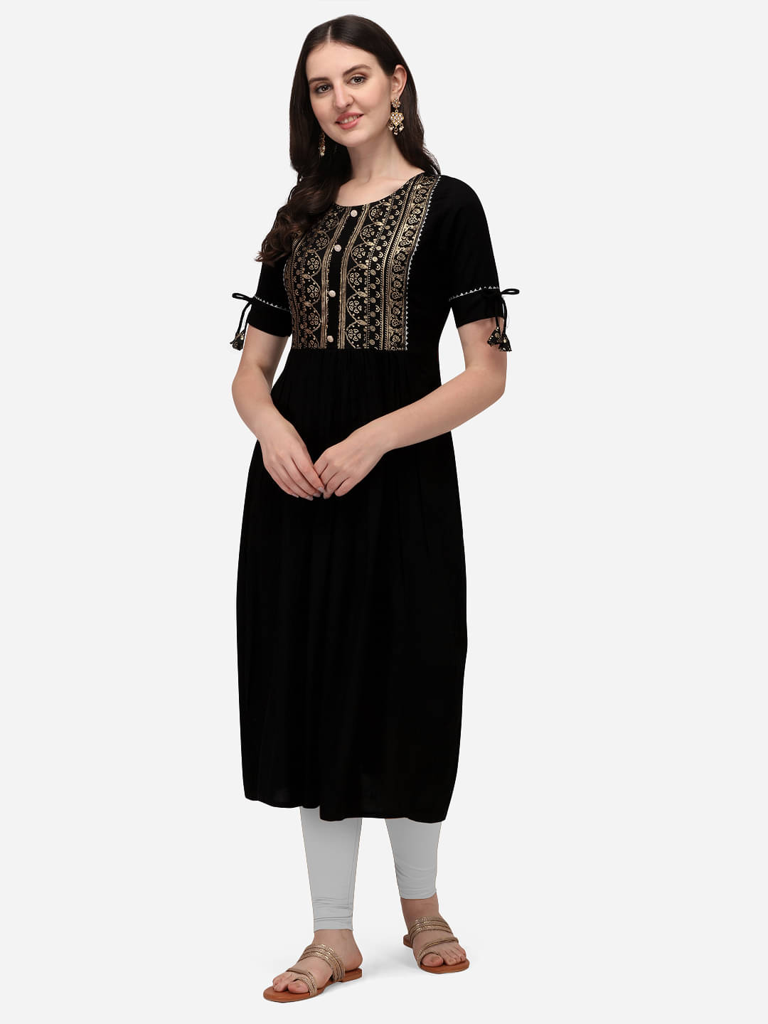     			Sitaram Designer Pack of 1 Rayon Printed Flared Women's Kurti - ( Black )