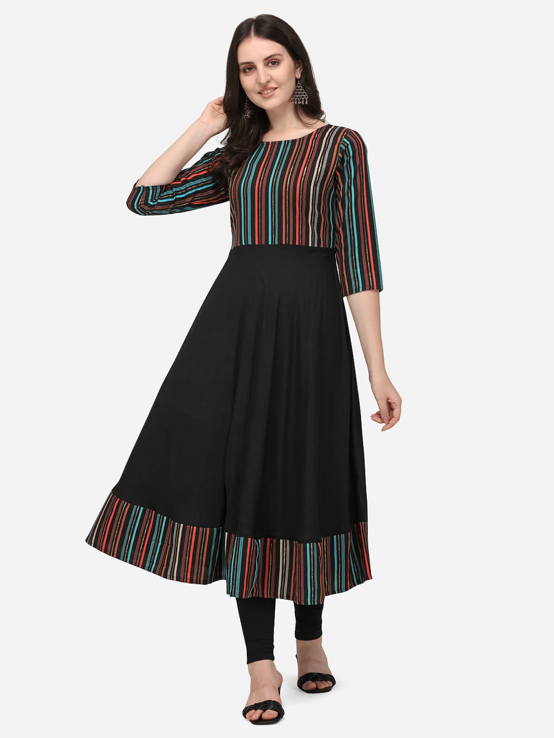 Sitaram Designer Pack of 1 Rayon Striped Anarkali Women's Kurti - ( Black ) Sitaram Designer Pack of 1 Rayon Striped Anarkali Women's Kurti - ( Black )