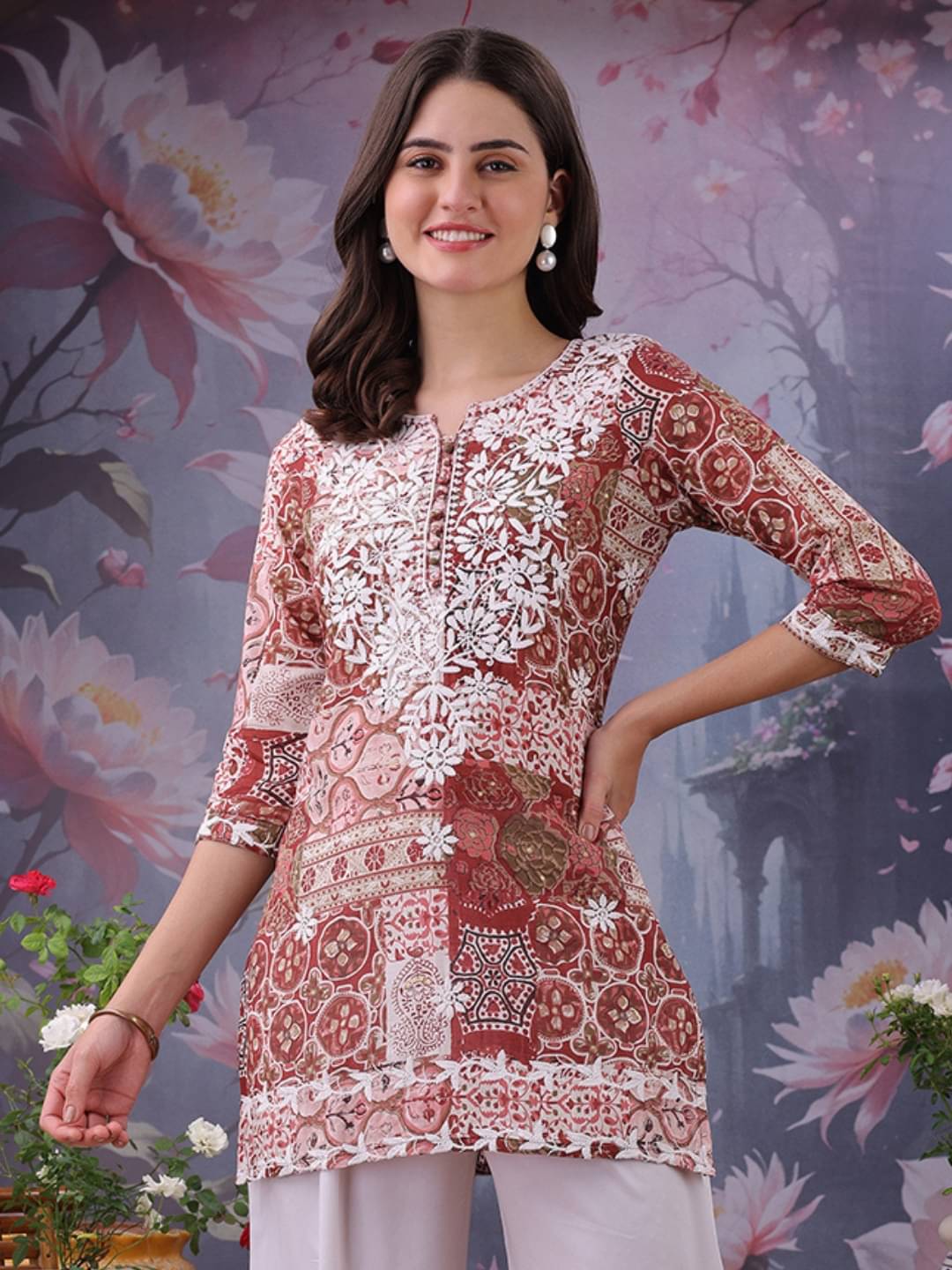     			Sitaram Designer Pack of 1 Cotton Embroidered Straight Women's Kurti - ( Maroon )