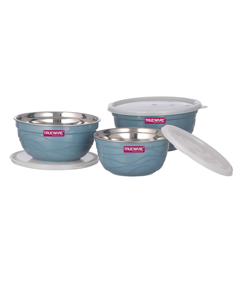 Trueware Rio Microwave Safe Plastic & Stainless Steel Bowl Set 21.5 cm ( Set of 3 ) Dark Blue
