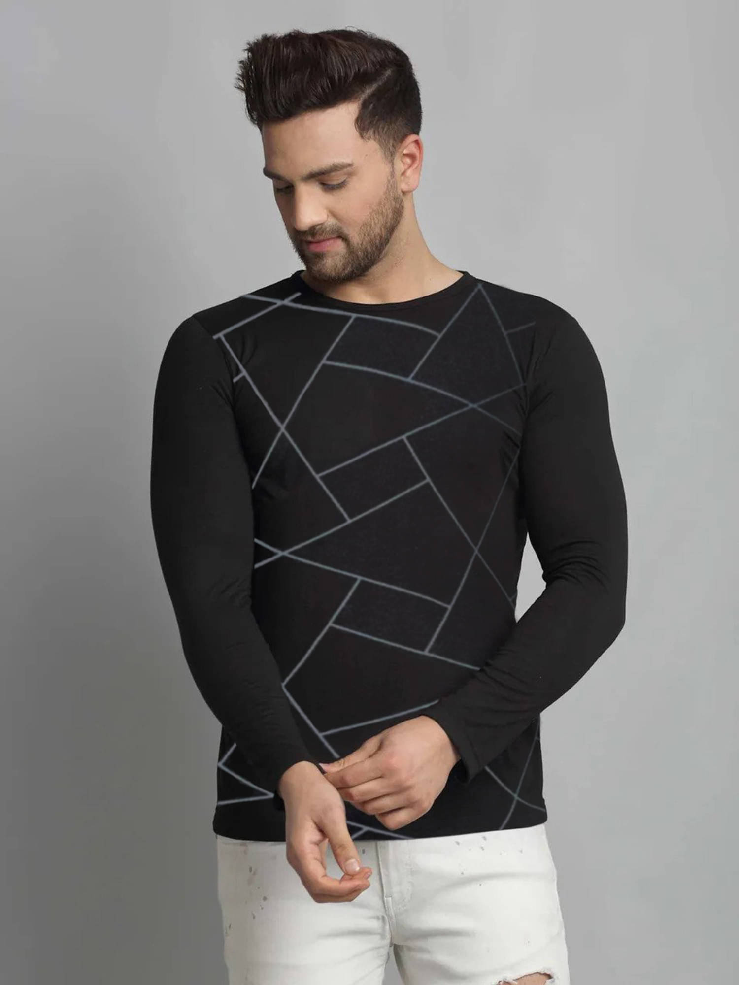     			Try This Cotton Blend Regular Fit Printed Full Sleeves Men's Round T-Shirt - Black ( Pack of 1 )