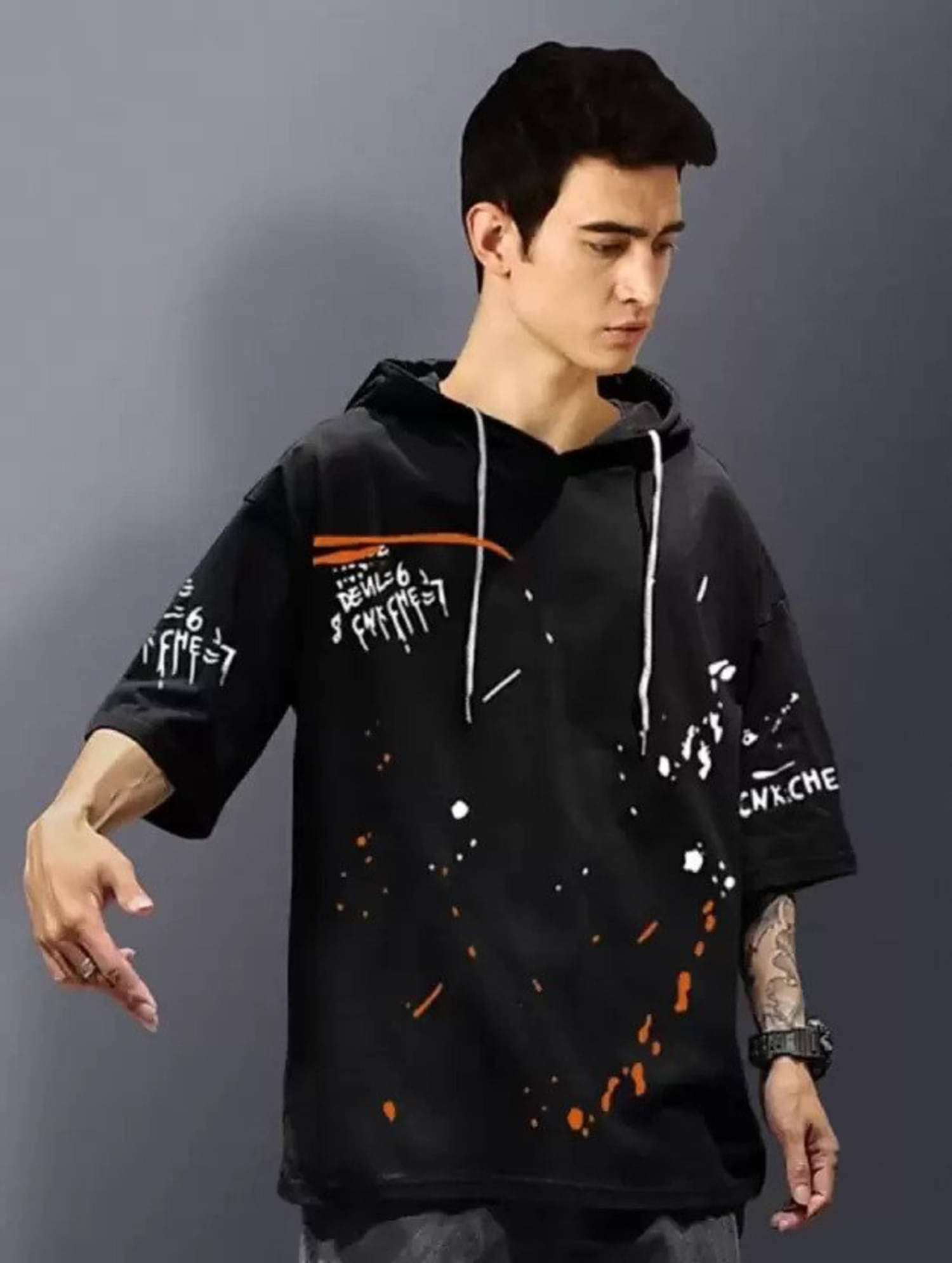Try This Cotton Blend Regular Fit Printed 3/4th Sleeves Men's Hooded T-Shirt - Black ( Pack of 1 ) Try This Cotton Blend Regular Fit Printed 3/4th Sleeves Men's Hooded T-Shirt - Black ( Pack of 1 )