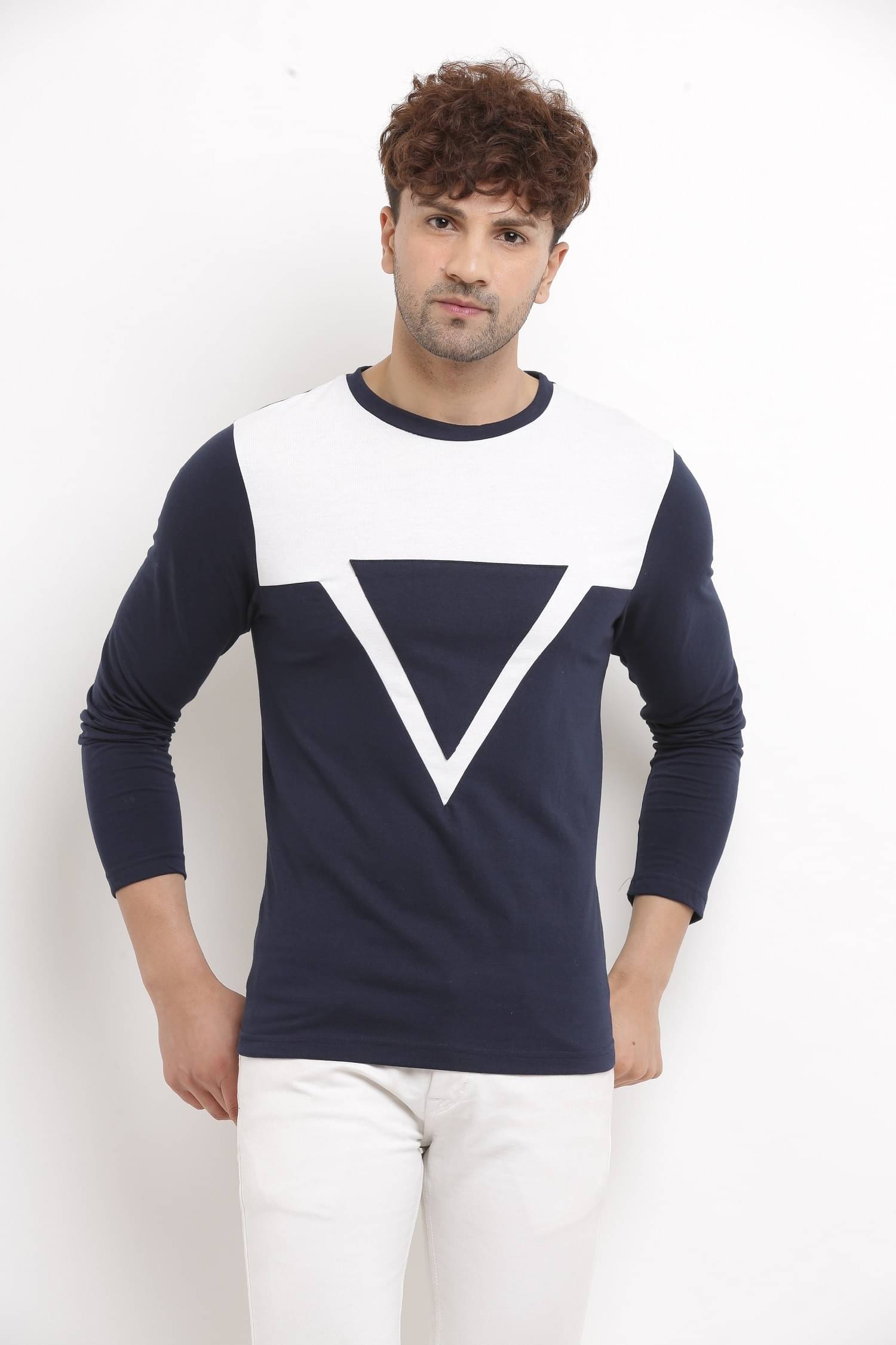     			Try This Cotton Blend Regular Fit Colorblock Full Sleeves Men's Round T-Shirt - Blue ( Pack of 1 )