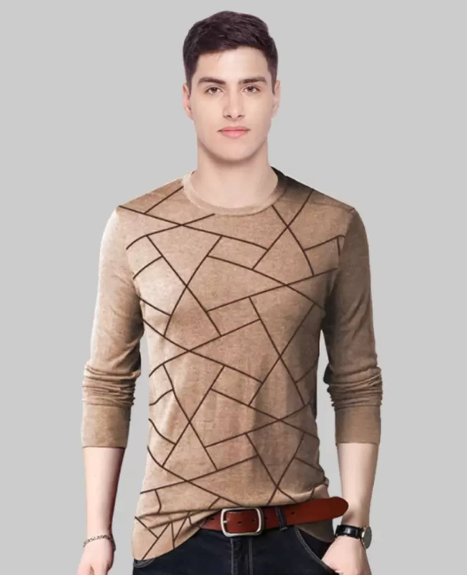     			Try This Cotton Blend Regular Fit Printed Full Sleeves Men's Round T-Shirt - Beige ( Pack of 1 )