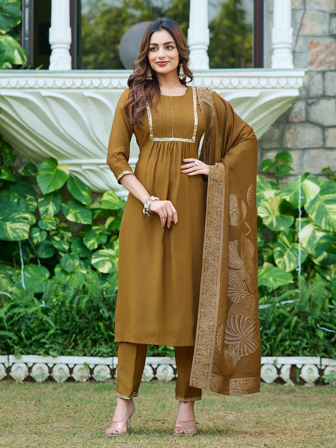 VIBE VISION Silk Blend Solid Kurti With Pants Women's Stitched Salwar Suit - Brown ( Pack of 1 ) VIBE VISION Silk Blend Solid Kurti With Pants Women's Stitched Salwar Suit - Brown ( Pack of 1 )