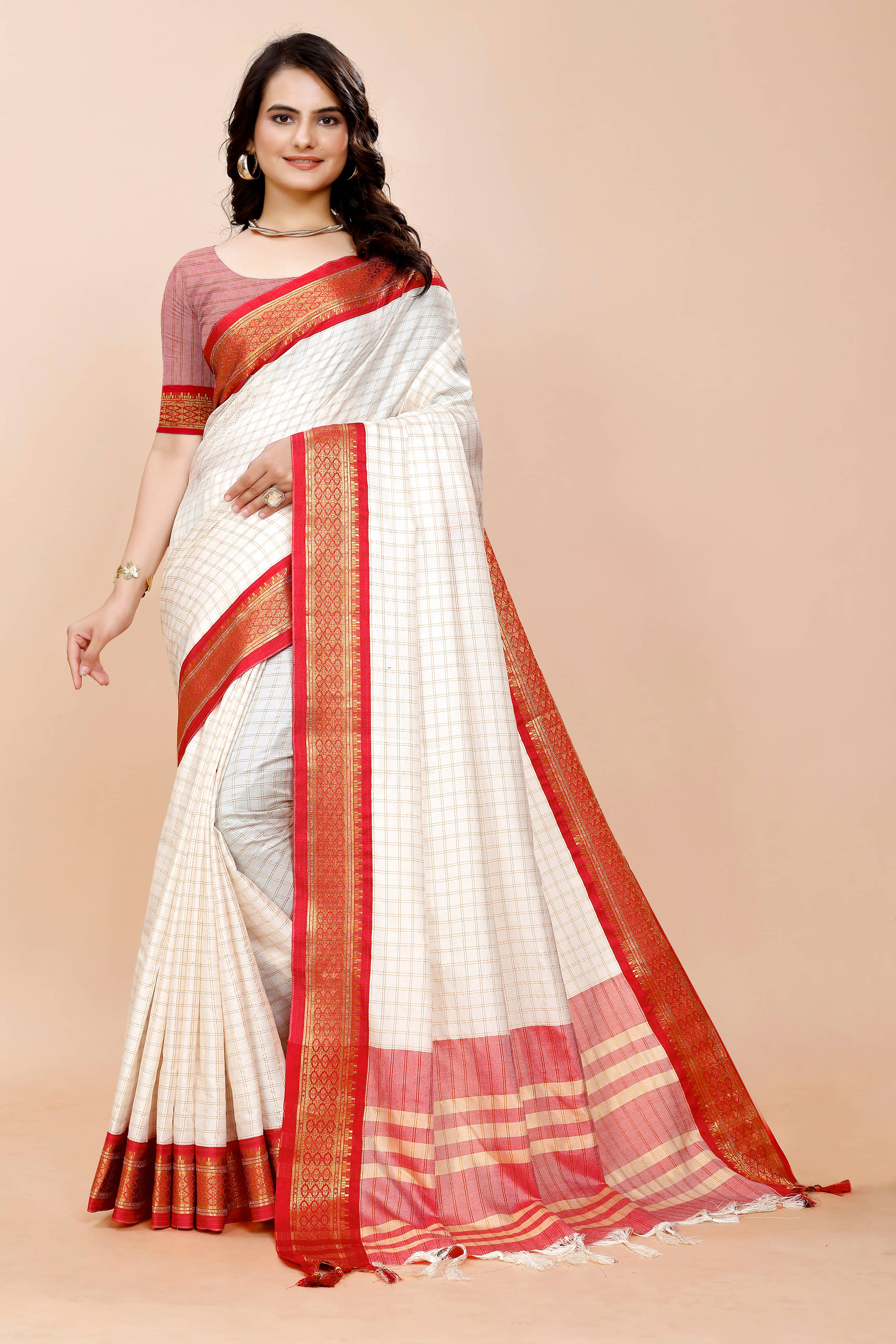     			VS MALL Cotton Silk Self Design Saree Without Blouse Piece ( Red )