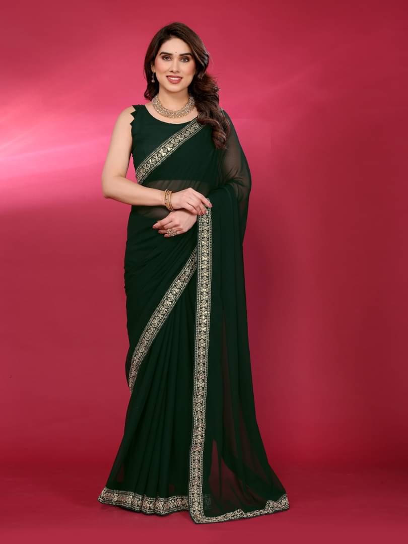 VS MALL Georgette Solid Saree Without Blouse Piece ( Green ) VS MALL Georgette Solid Saree Without Blouse Piece ( Green )
