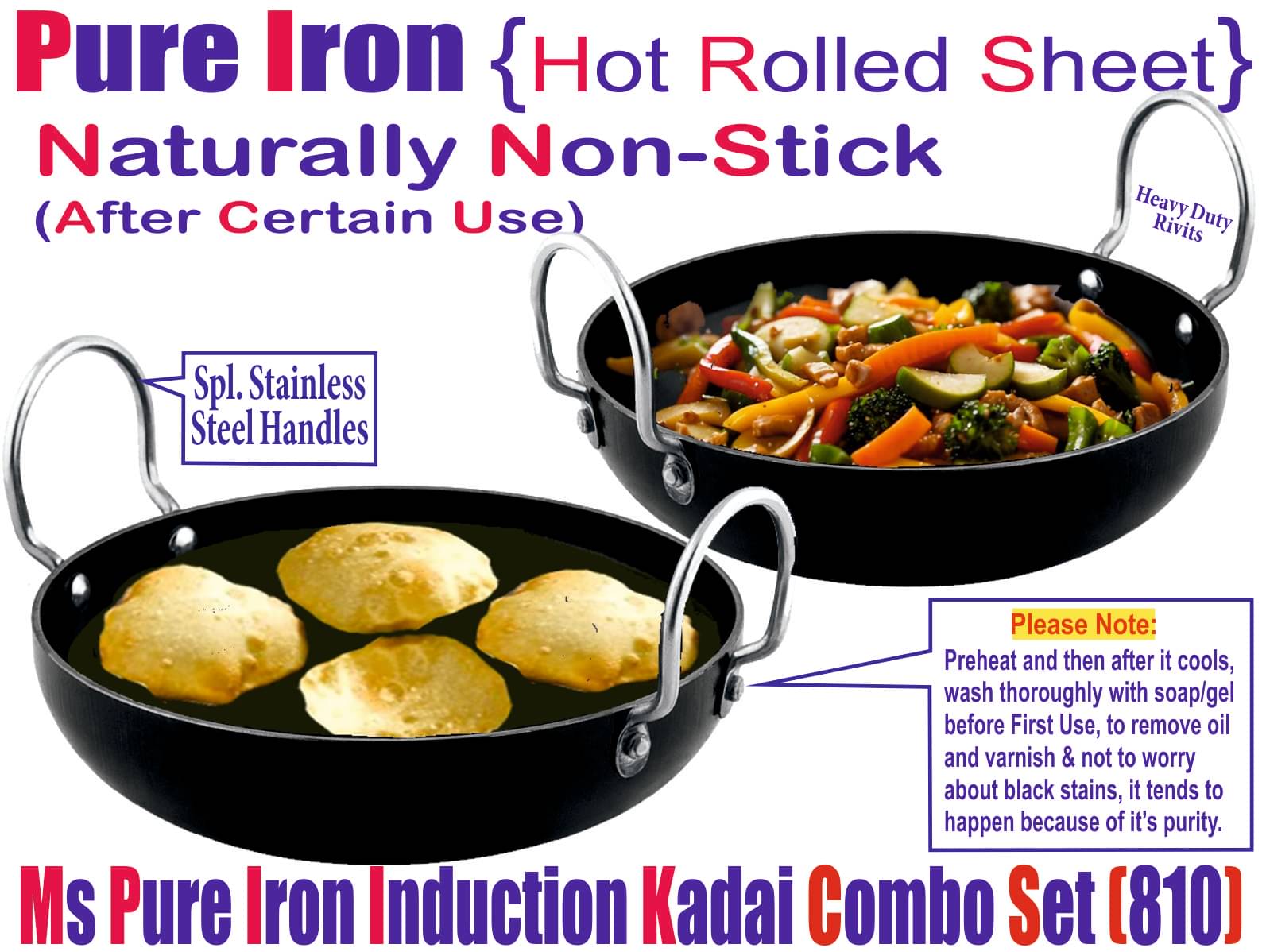     			Veer  100% Pure Non coated Iron Kadhai Heavy Bottom Stainless Steel Handle 2 Thickness mm 25 cm Diameter ( 2 L )