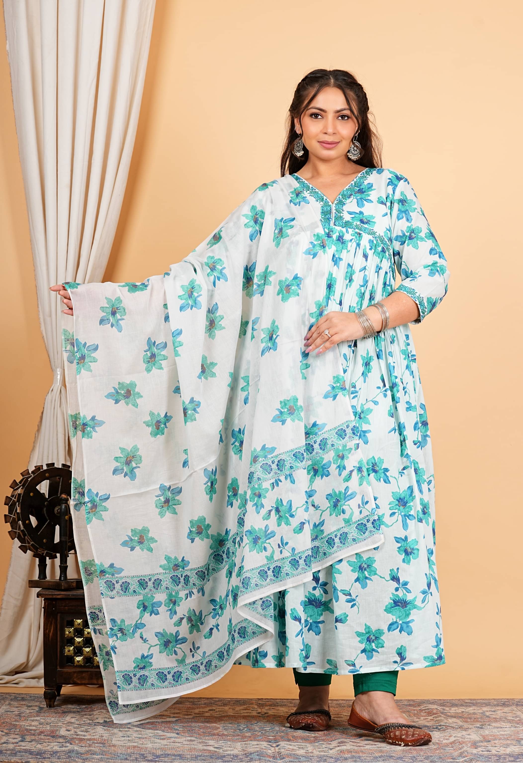 Yash Gallery Pack of 1 Cotton Printed Anarkali Women's Kurti with Dupatta - ( Blue ) Yash Gallery Pack of 1 Cotton Printed Anarkali Women's Kurti with Dupatta - ( Blue )