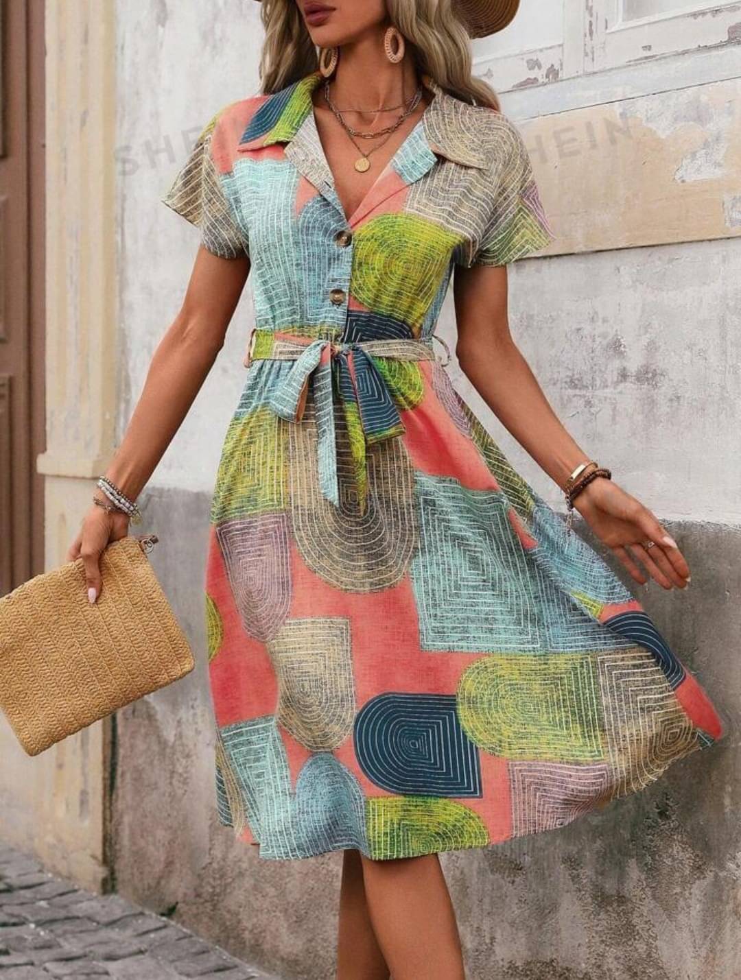     			gufrina Women Polyester Printed Shirt Dress ( Peach )