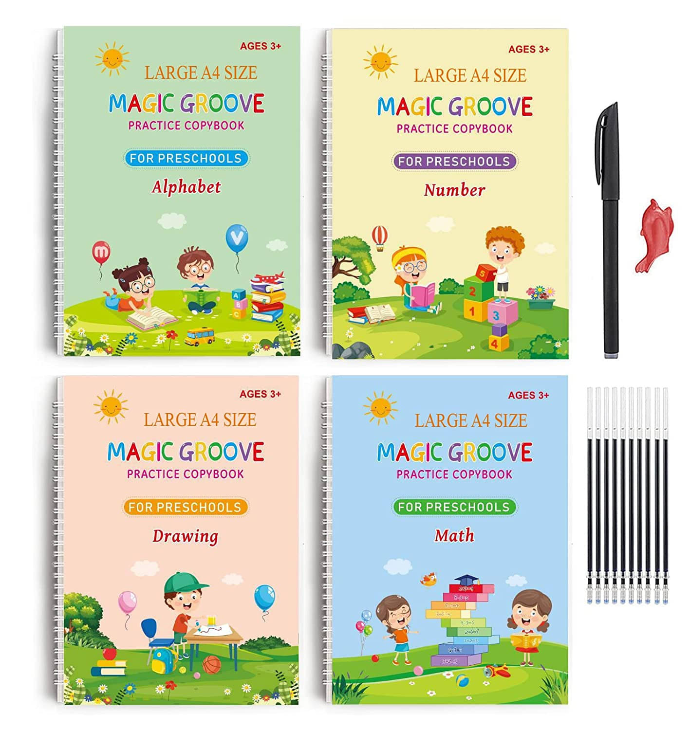     			sakimo Sank Magic Practice Copybook, (4 BOOK + 10 REFILL+ 1 PEN +1 GRIP) Number Tracing, sank magic practice copy book for kids for Preschoolers with Pen, magic reusable Writing Tool Simple Hand Lettering