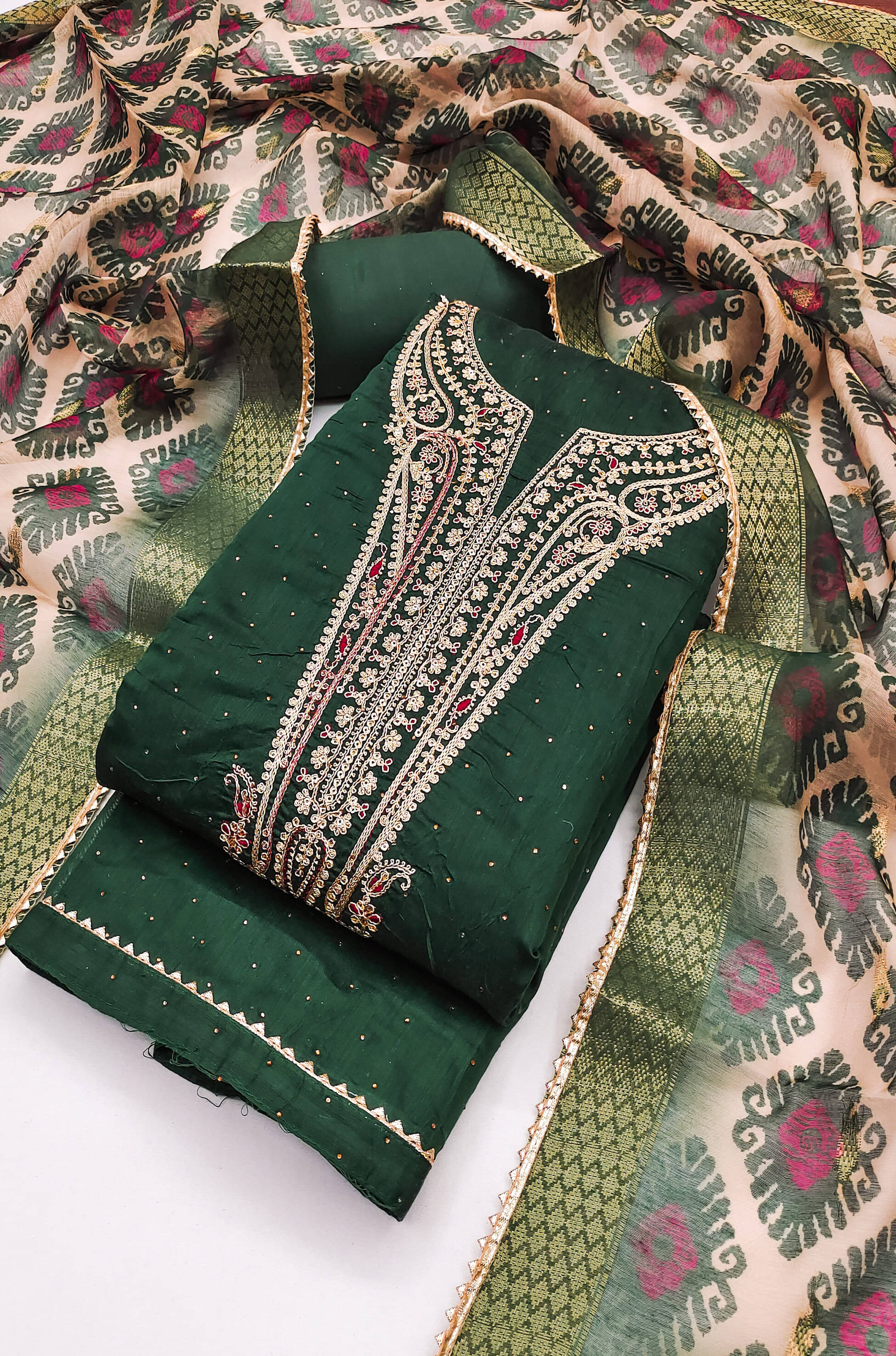 tavas Unstitched Chanderi Embellished Dress Material - Green ( Pack of 1 )     			tavas Unstitched Chanderi Embellished Dress Material - Green ( Pack of 1 )