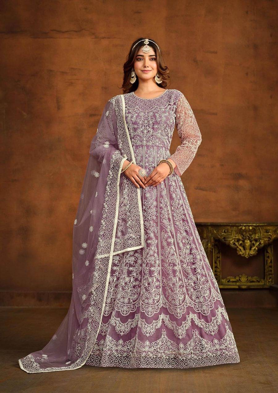 Aika Mauve Flared Net Women's Semi Stitched Ethnic Gown ( Pack of 1 ) Aika Mauve Flared Net Women's Semi Stitched Ethnic Gown ( Pack of 1 )