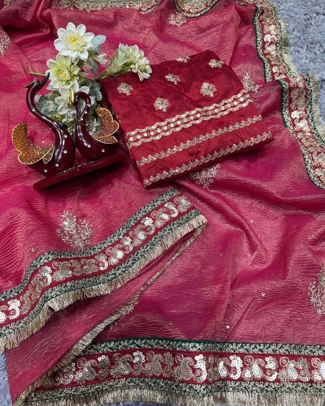 Apnisha Net Embellished Saree With Unstitched Blouse Piece ( Red ) Apnisha Net Embellished Saree With Unstitched Blouse Piece ( Red )