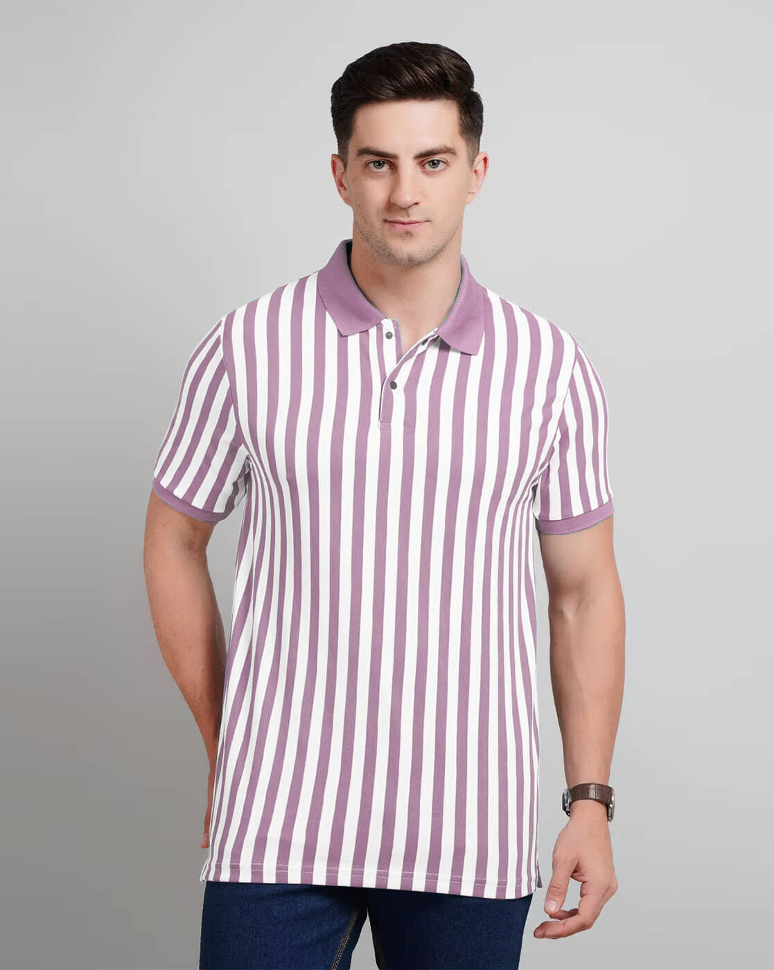     			CAT BUNNY Pack of 1 Cotton Blend Regular Fit Striped Half Sleeves Men's Polo T Shirt ( Purple )
