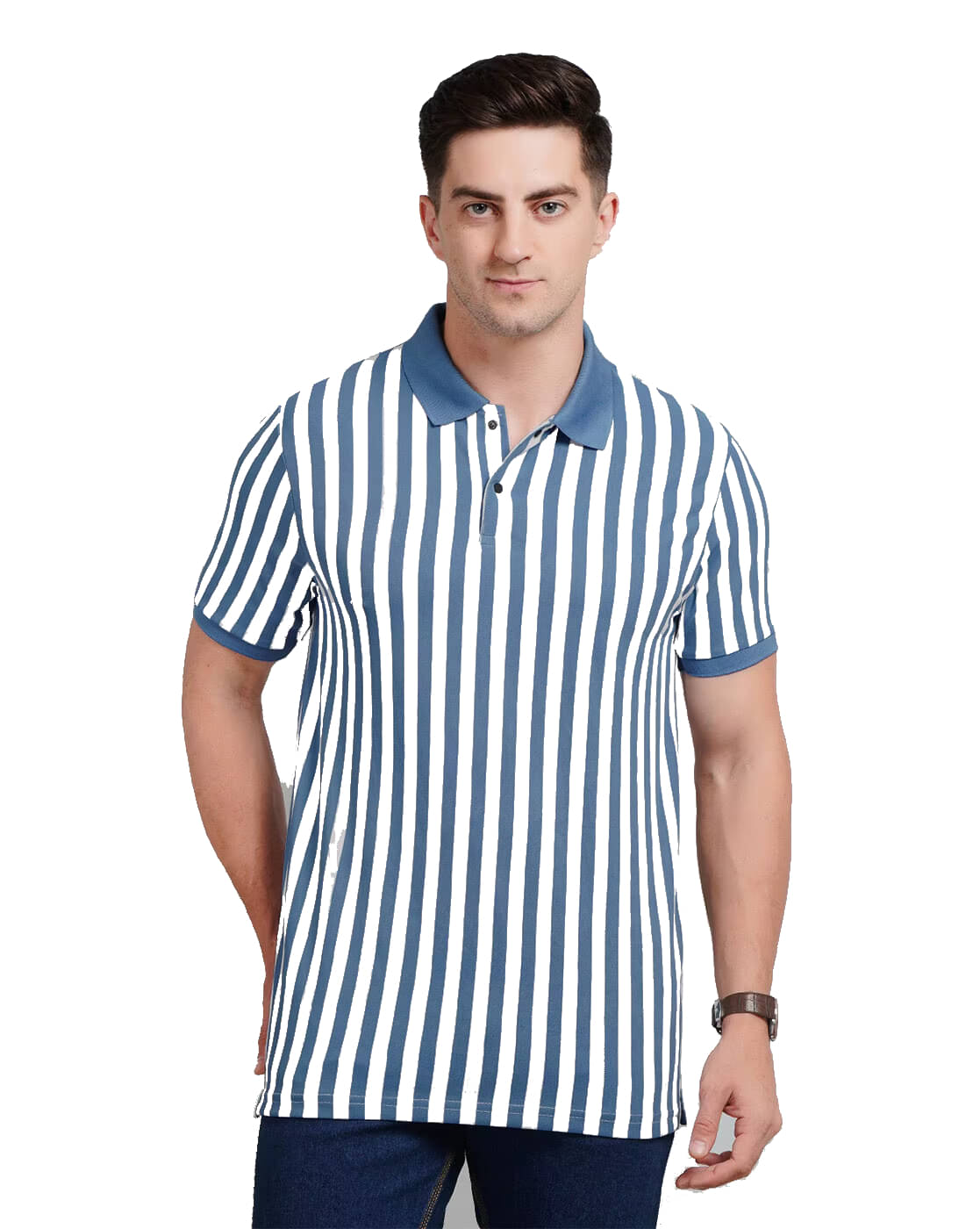 CAT BUNNY Pack of 1 Cotton Blend Regular Fit Striped Half Sleeves Men's Polo T Shirt ( Blue ) CAT BUNNY Pack of 1 Cotton Blend Regular Fit Striped Half Sleeves Men's Polo T Shirt ( Blue )