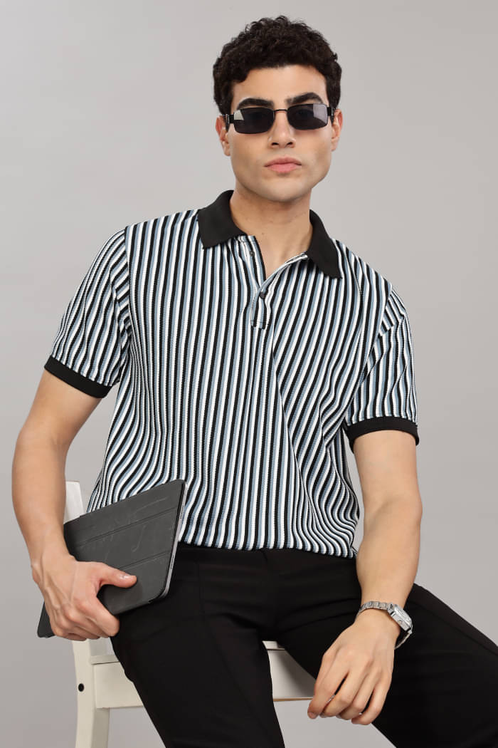 CAT BUNNY Pack of 1 Cotton Blend Regular Fit Striped Half Sleeves Men's Polo T Shirt ( Blue ) CAT BUNNY Pack of 1 Cotton Blend Regular Fit Striped Half Sleeves Men's Polo T Shirt ( Blue )