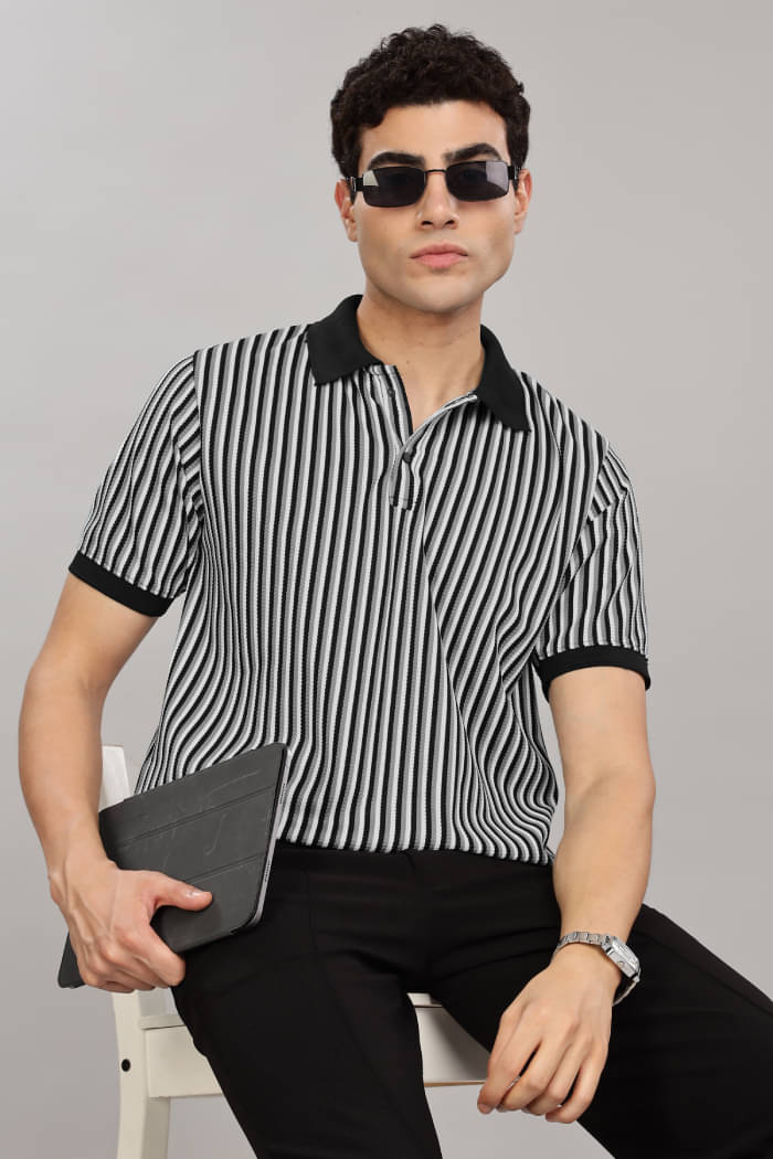     			CAT BUNNY Pack of 1 Cotton Blend Regular Fit Striped Half Sleeves Men's Polo T Shirt ( Grey )