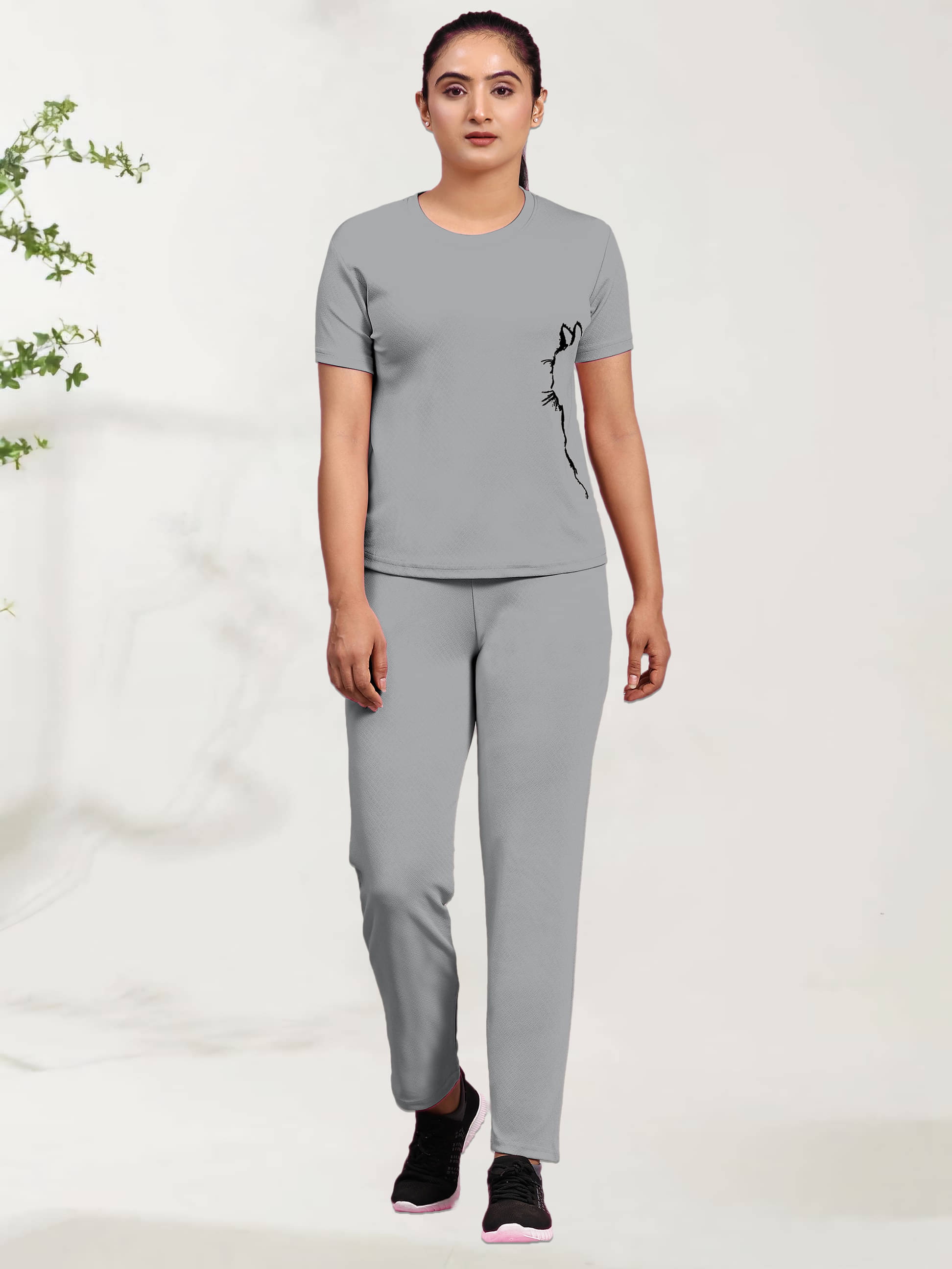     			CUBIQ Grey Cotton Blend Printed Tracksuit - Pack of 1