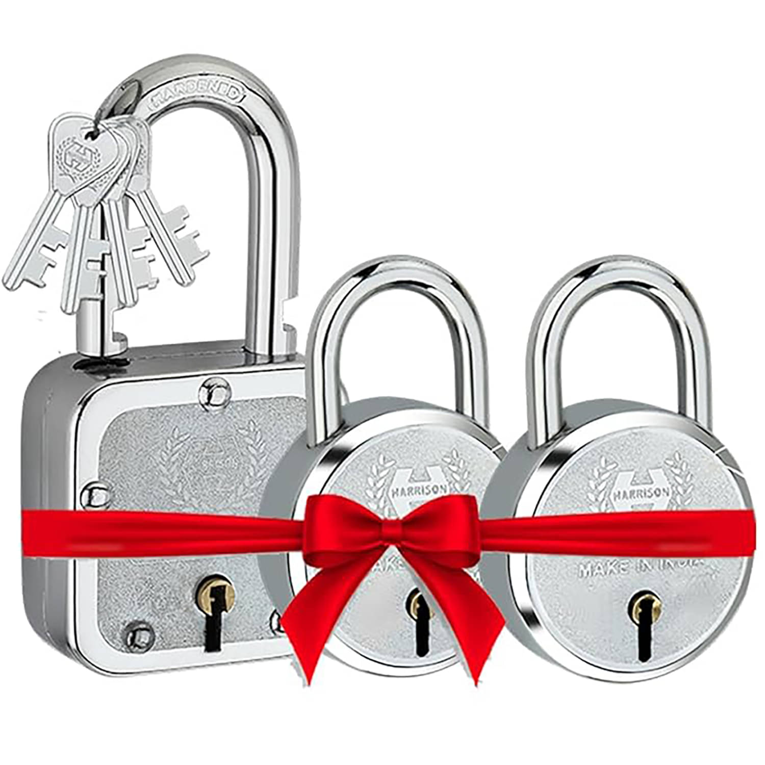     			Harrison Padlocks Buy 1 Get 2 Free/ 1 Square Padlock 50mm T-27-0040 with 2 Round Padlock 40mm T-26LITE-0532/ Mild Steel Material/Bright Chrome Plated Finish/Door Lock, Shutter Lock, Godown Lock-0334