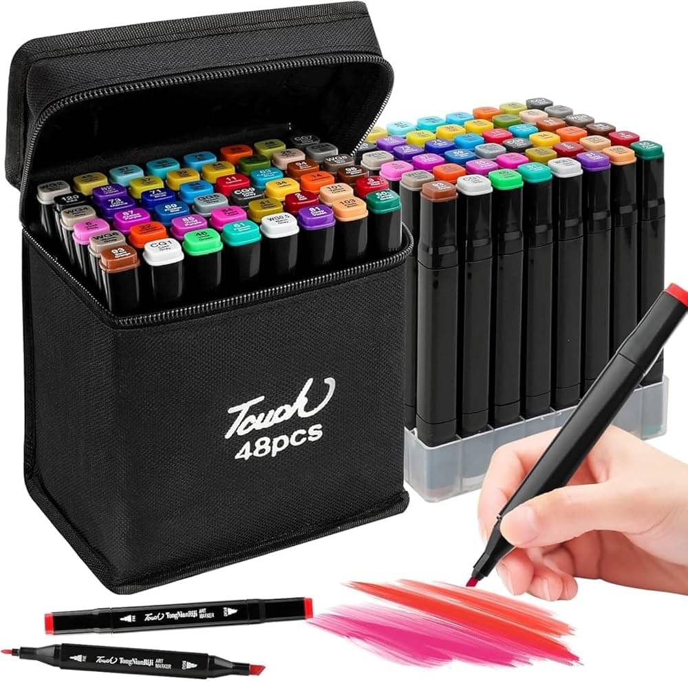     			KRAMOX 48 Pcs Dual Tip Alcohol Markers Set, Non-Toxic Art Supplies For Kids & Adults, Books Pen With Carry Case Set Colour Broad Drawing Sketching (48), Multicolor