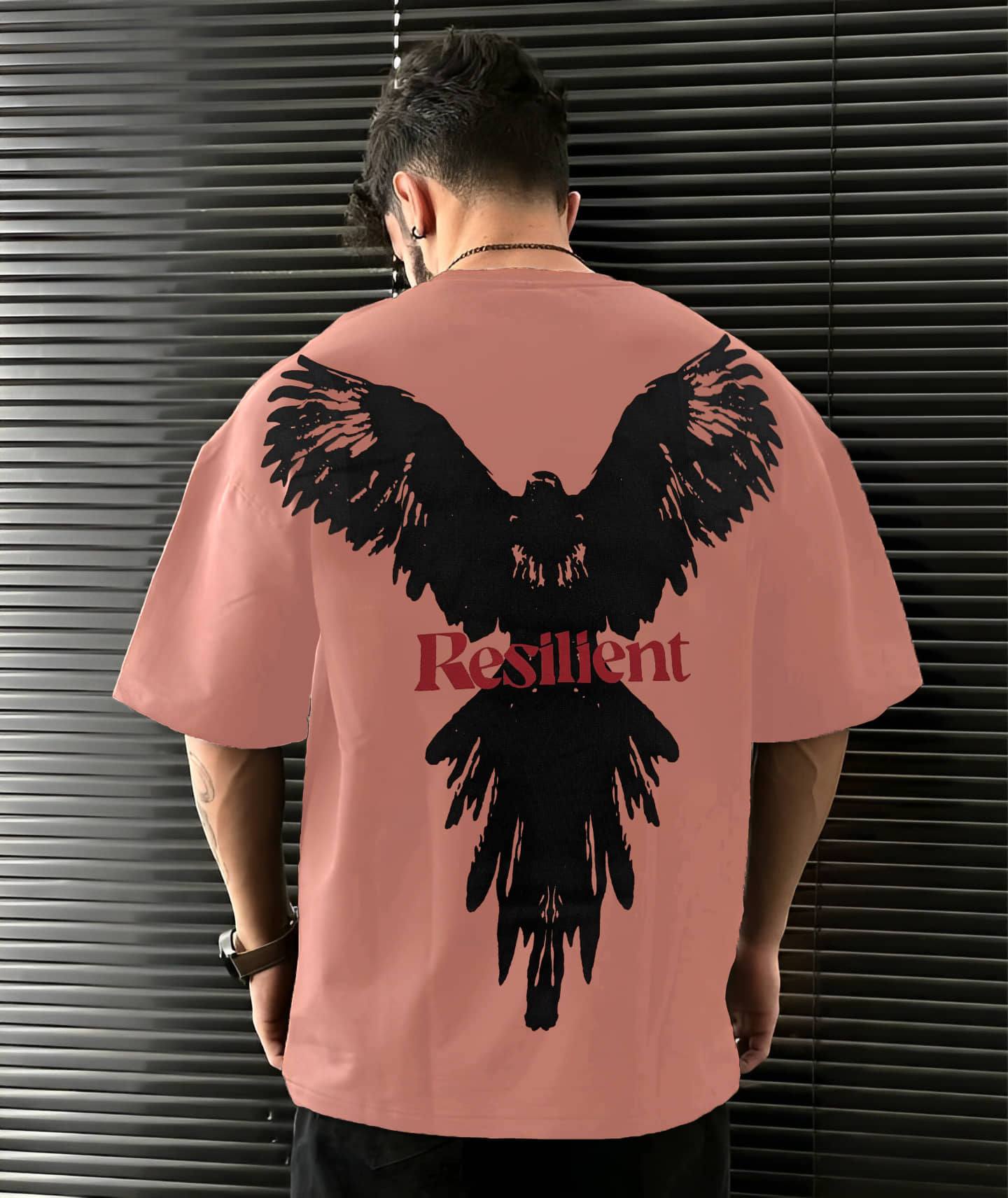 LEWEL Cotton Blend Oversized Fit Printed Half Sleeves Men's Round T-Shirt - Coral ( Pack of 1 )